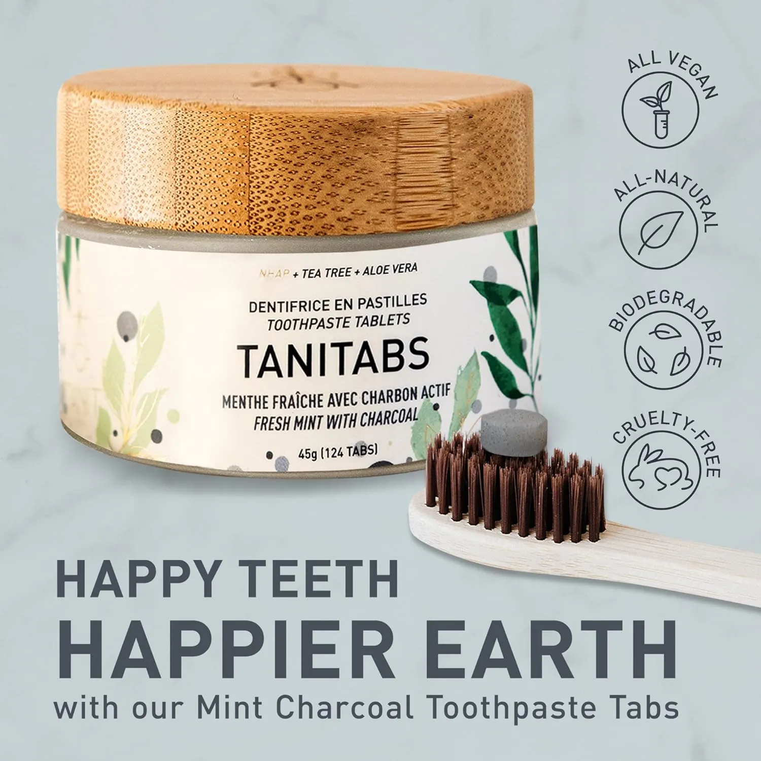 Tanitabs Mint Charcoal Toothpaste Tablets, Fluoride-Free, Natural Toothpaste for Gum and Teeth Care, Zero-Waste Travel Toothpaste Tabs in Bamboo Jar, Natural Mint Flavor, 124 Tablets - Tanit