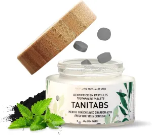Tanitabs Mint Charcoal Toothpaste Tablets, Fluoride-Free, Natural Toothpaste for Gum and Teeth Care, Zero-Waste Travel Toothpaste Tabs in Bamboo Jar, Natural Mint Flavor, 124 Tablets - Tanit