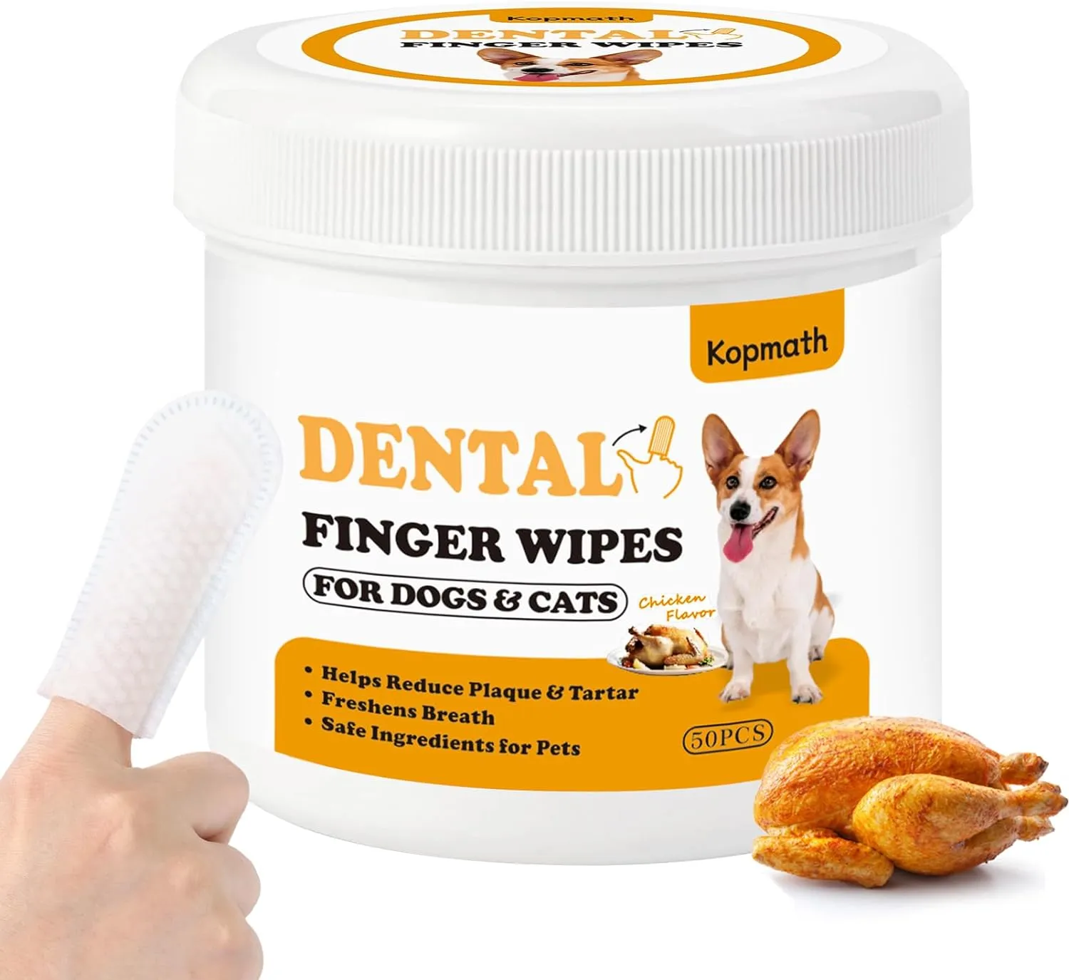 Teeth Cleaning Finger Wipes, Dog Dental Wipes, Reduce Plaque & Tartar, Freshen Breath, Safe & Natural Pet Dental Wipes for Dogs Teeth, Portable Dog Tooth Wipes for Cats,50 Ct, Chicken Scent