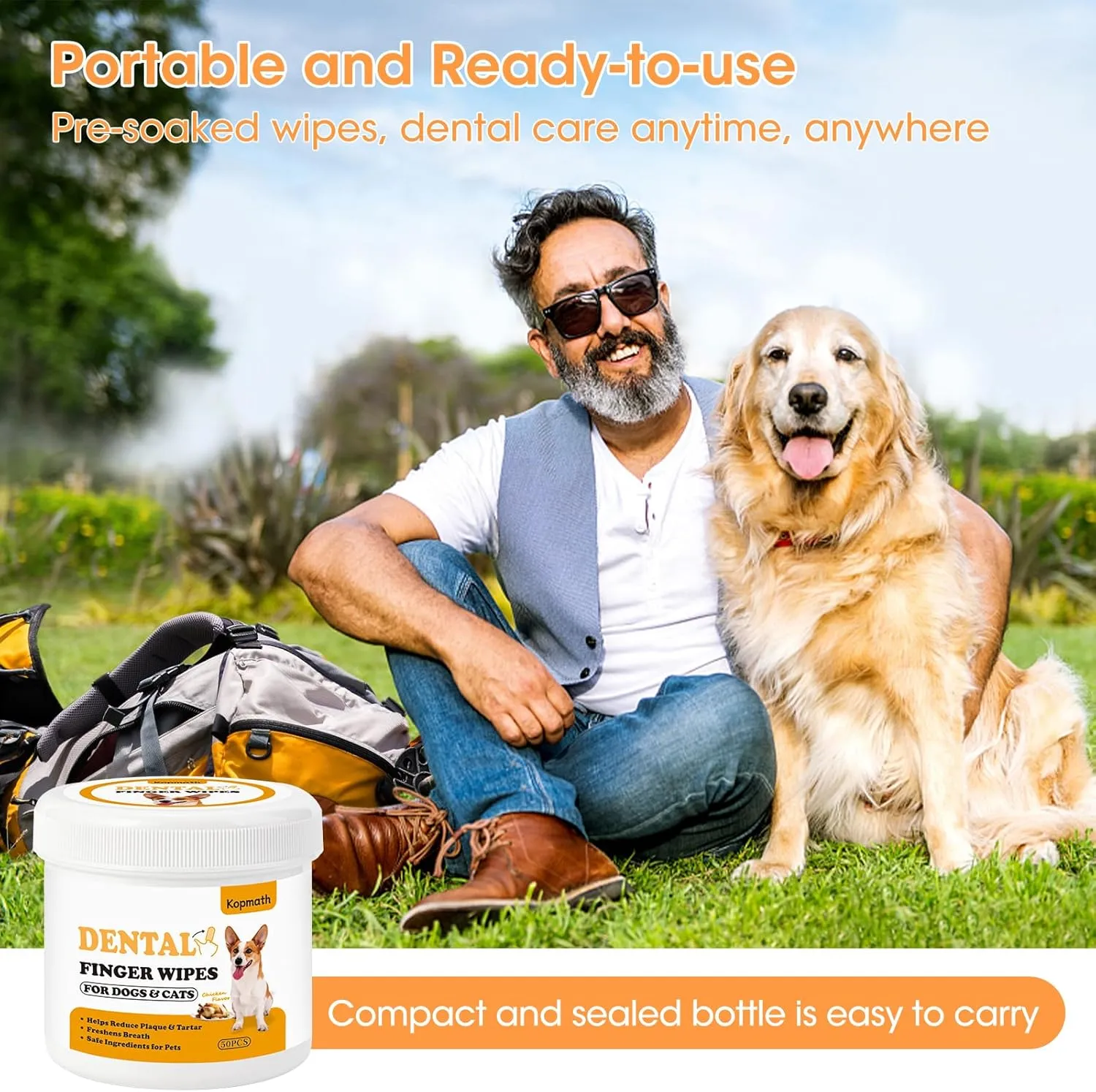 Teeth Cleaning Finger Wipes, Dog Dental Wipes, Reduce Plaque & Tartar, Freshen Breath, Safe & Natural Pet Dental Wipes for Dogs Teeth, Portable Dog Tooth Wipes for Cats,50 Ct, Chicken Scent
