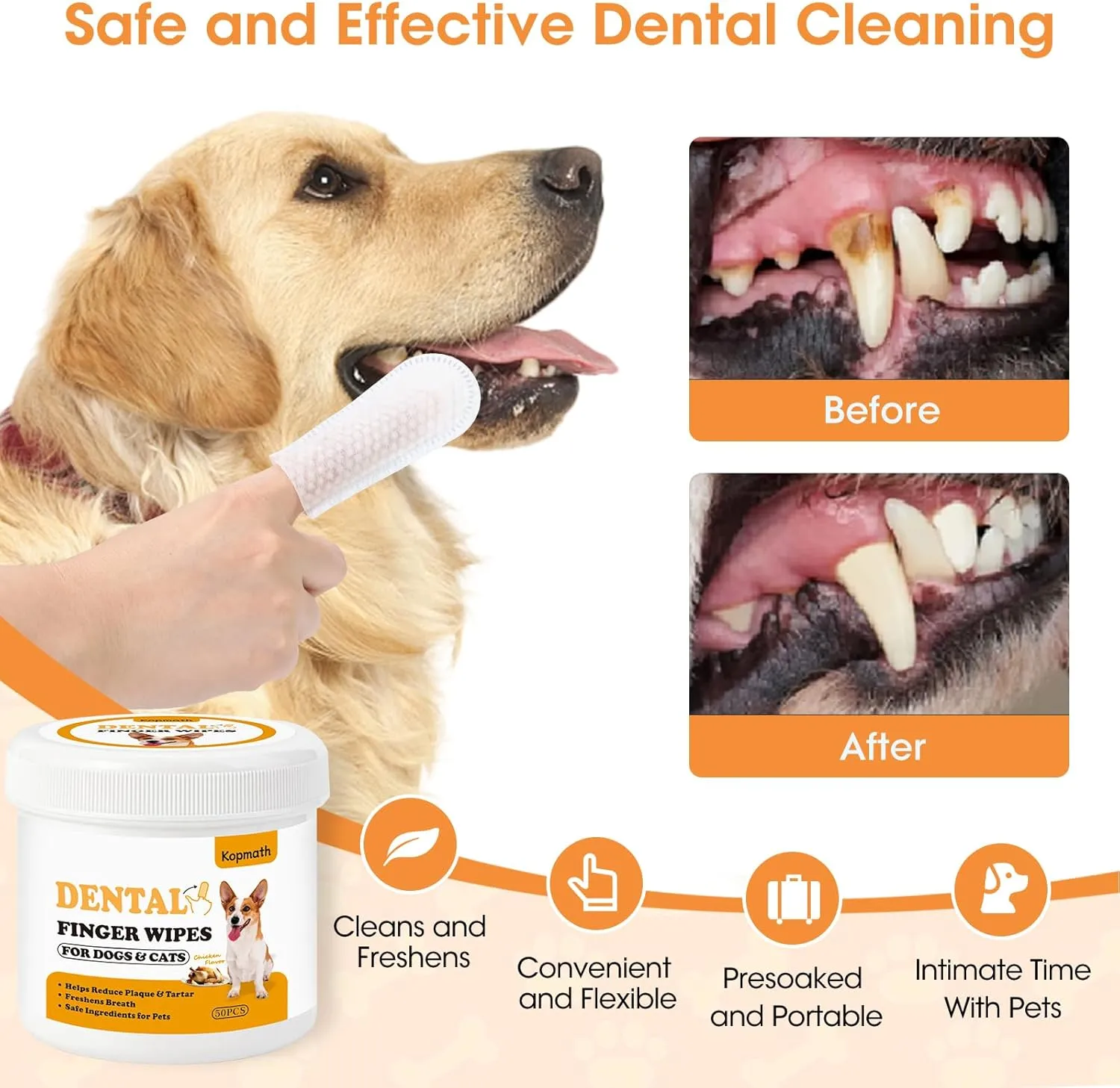 Teeth Cleaning Finger Wipes, Dog Dental Wipes, Reduce Plaque & Tartar, Freshen Breath, Safe & Natural Pet Dental Wipes for Dogs Teeth, Portable Dog Tooth Wipes for Cats,50 Ct, Chicken Scent