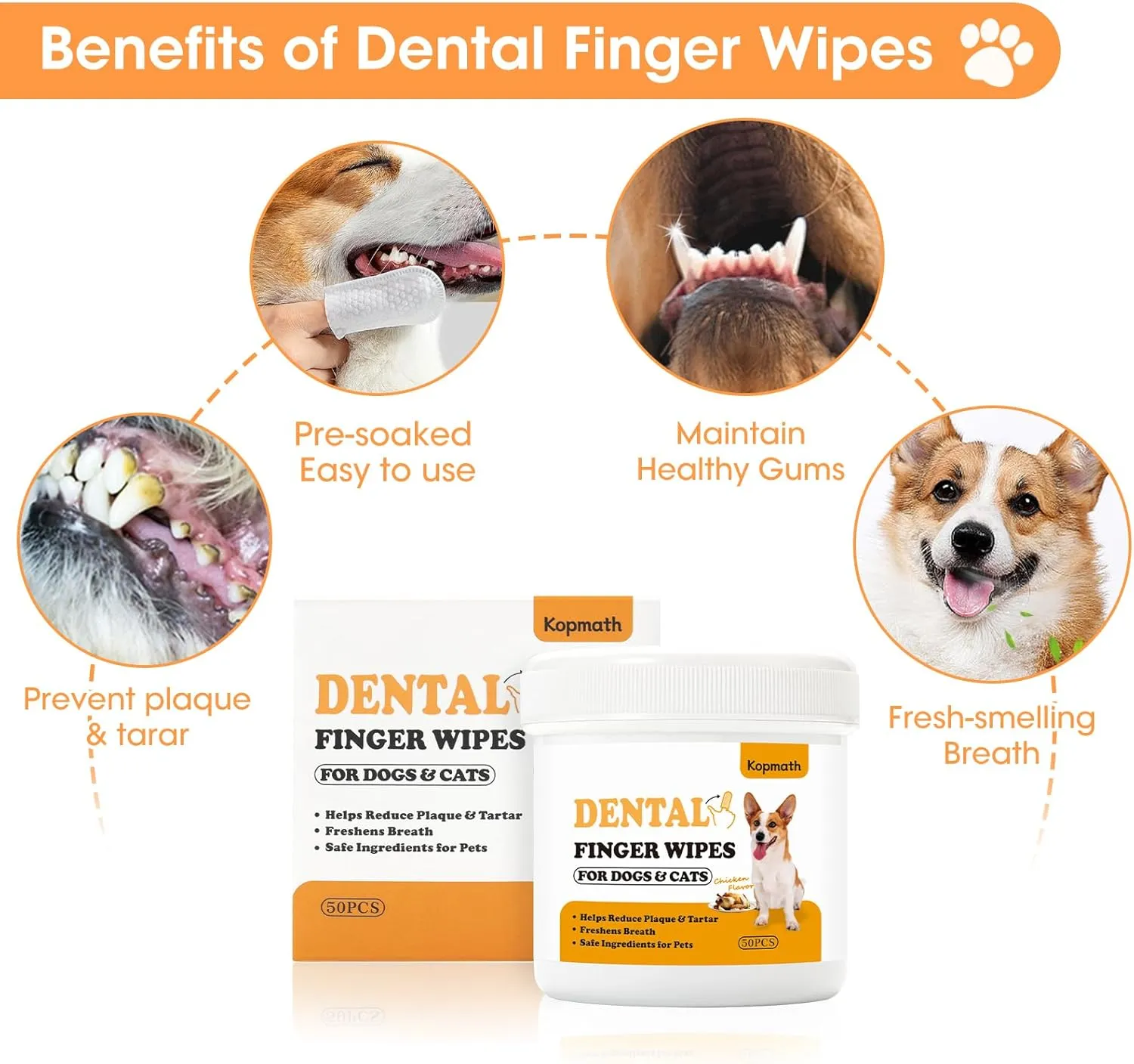 Teeth Cleaning Finger Wipes for Dogs & Cats, Reduces Plaque & Tartar, Freshens Breath, Pre-Soaked Pet Teeth Wipes, Easy to Use Disposable Dental Cleaning Pads, 100 Count, Chicken Flavor