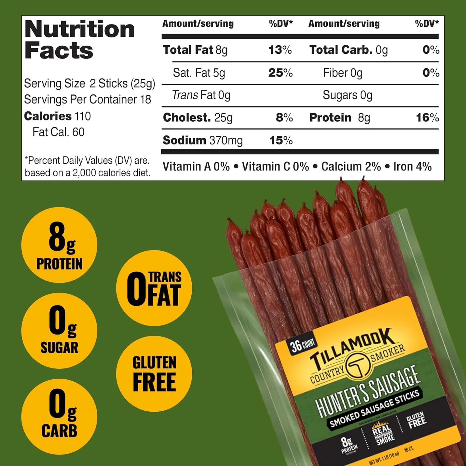 Tillamook Country Smoker Real Hardwood Smoked Sausages, Hunter's Sausage Meat Sticks, Low Carb, High Protein, Ready to Eat Snacks, 36 Count Bulk Pack
