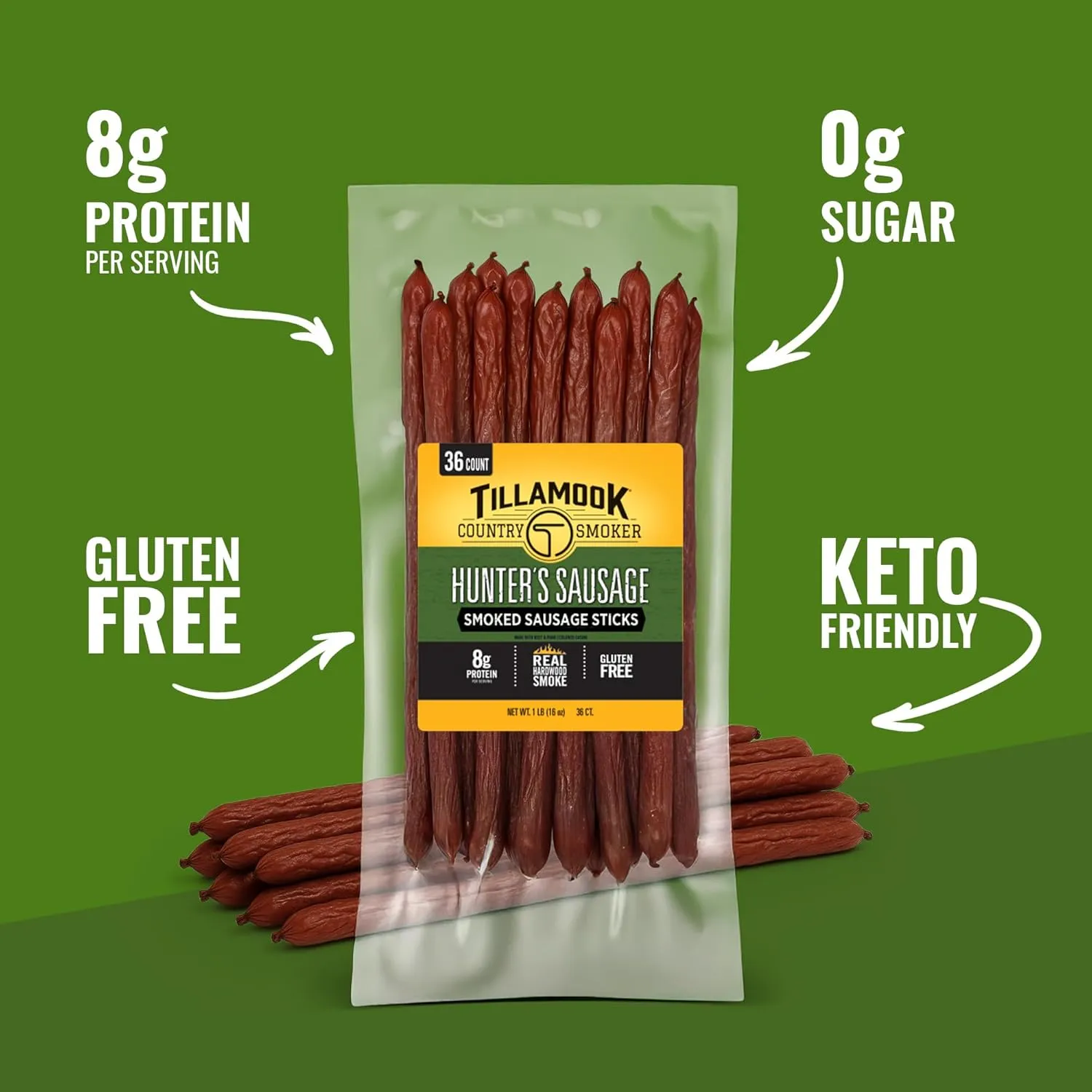 Tillamook Country Smoker Real Hardwood Smoked Sausages, Hunter's Sausage Meat Sticks, Low Carb, High Protein, Ready to Eat Snacks, 36 Count Bulk Pack