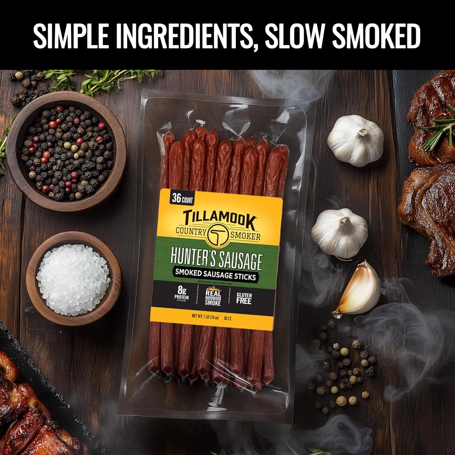 Tillamook Country Smoker Real Hardwood Smoked Sausages, Hunter's Sausage Meat Sticks, Low Carb, High Protein, Ready to Eat Snacks, 36 Count Bulk Pack