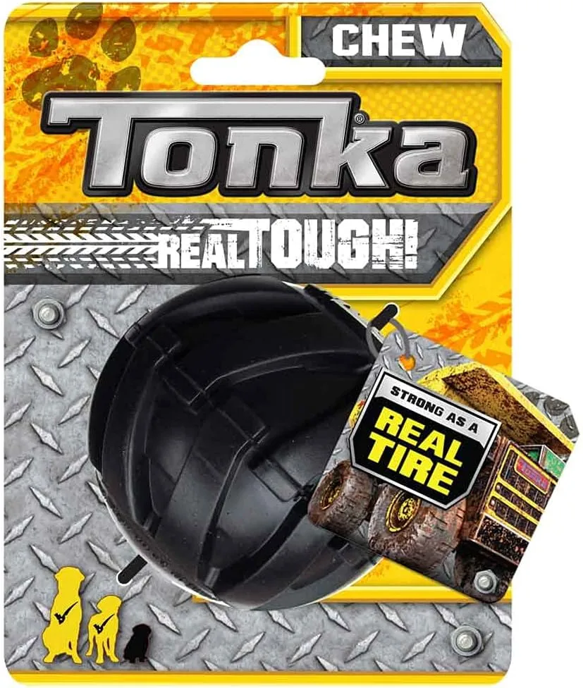 Tonka Three Dog Toy Gift Set - 3in Mega Ball, 7in Axle Tread with Insert Feeder, and 10.5in Rubber Flex Tread 3-Ring Tug - Yellow/Black