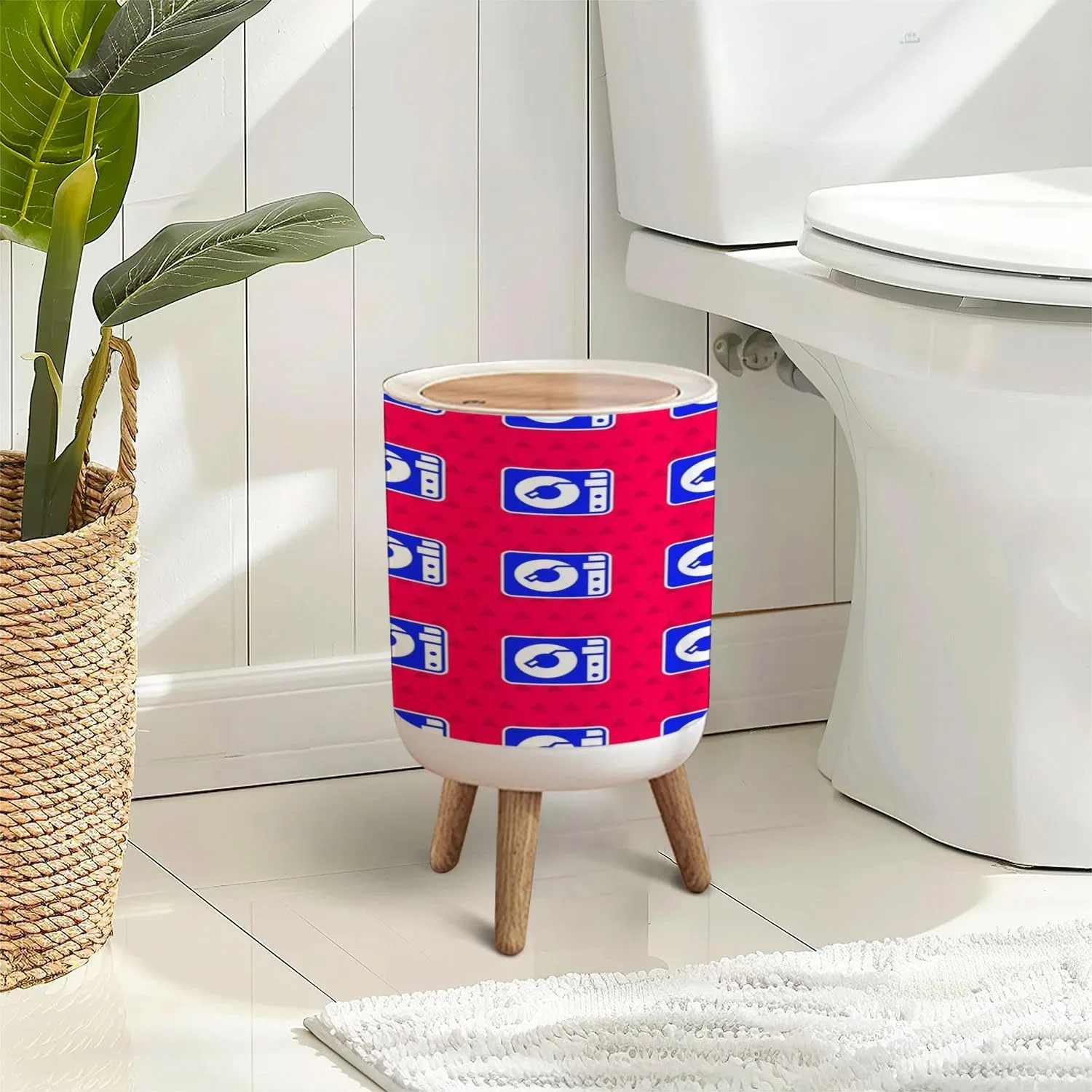 Trash Can with Lid Blue Vinyl Player Vinyl Disk Seamless Pattern red Press Top Round Small Garbage Bin with Wooden Legs Waste Basket for Kitchen Bedroom Nursery 7L/1.8 Gallon