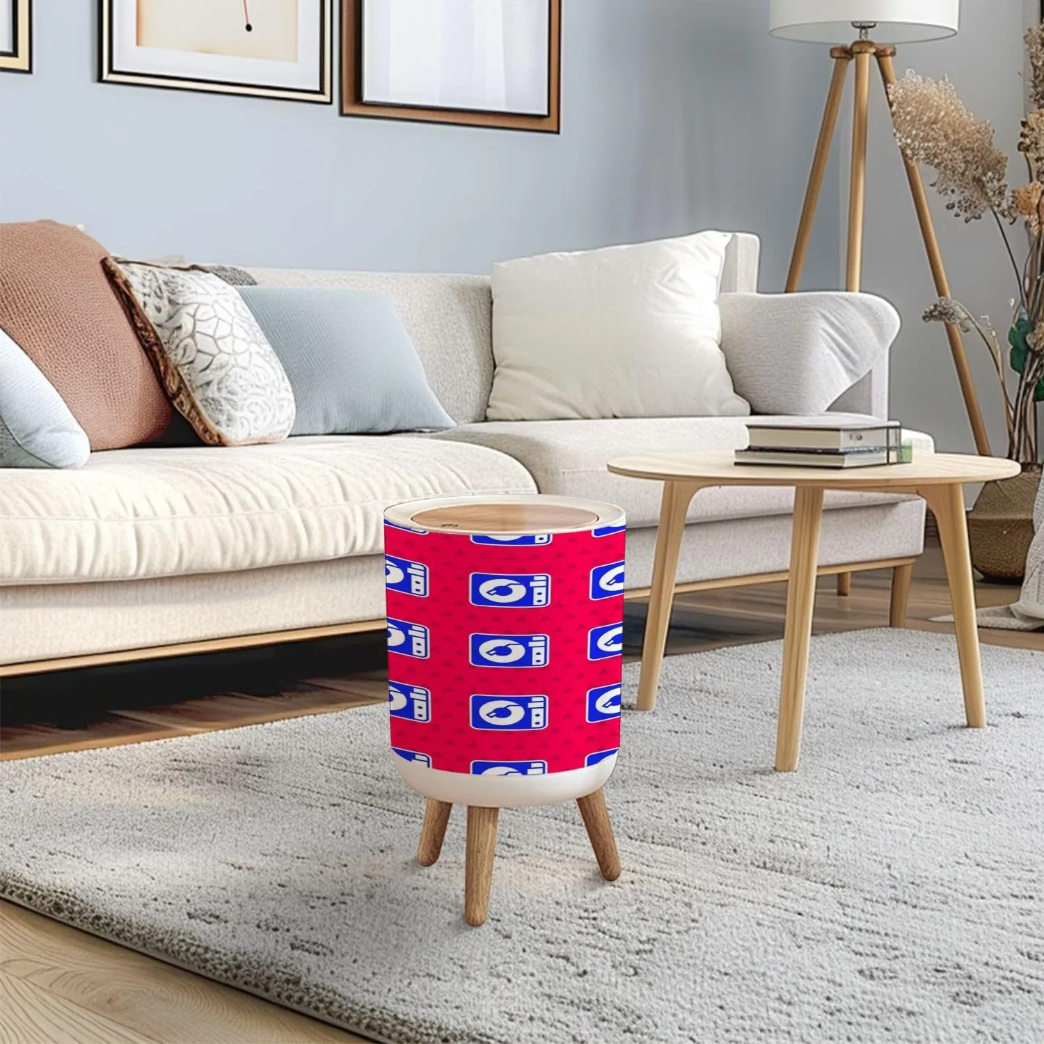 Trash Can with Lid Blue Vinyl Player Vinyl Disk Seamless Pattern red Press Top Round Small Garbage Bin with Wooden Legs Waste Basket for Kitchen Bedroom Nursery 7L/1.8 Gallon