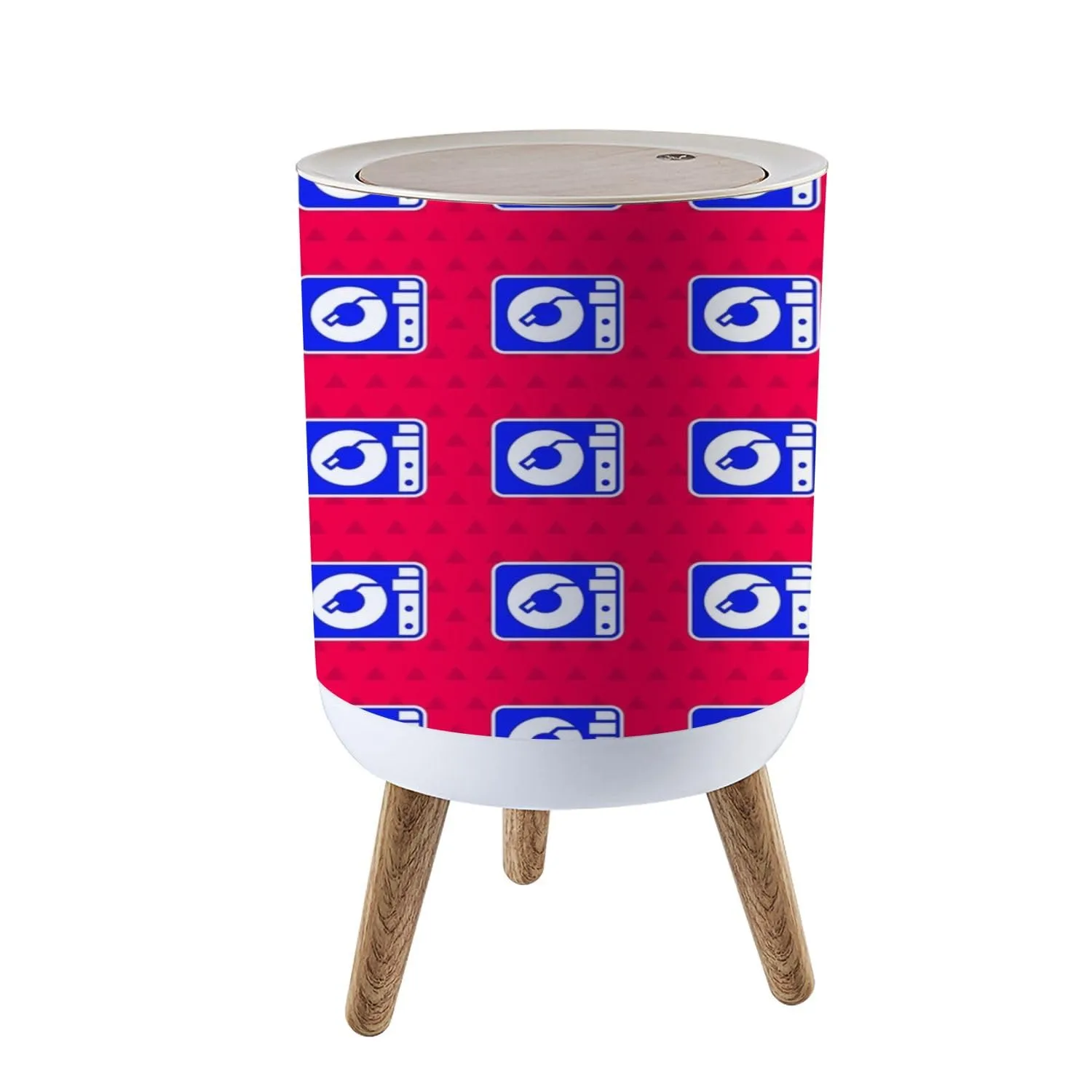 Trash Can with Lid Blue Vinyl Player Vinyl Disk Seamless Pattern red Press Top Round Small Garbage Bin with Wooden Legs Waste Basket for Kitchen Bedroom Nursery 7L/1.8 Gallon