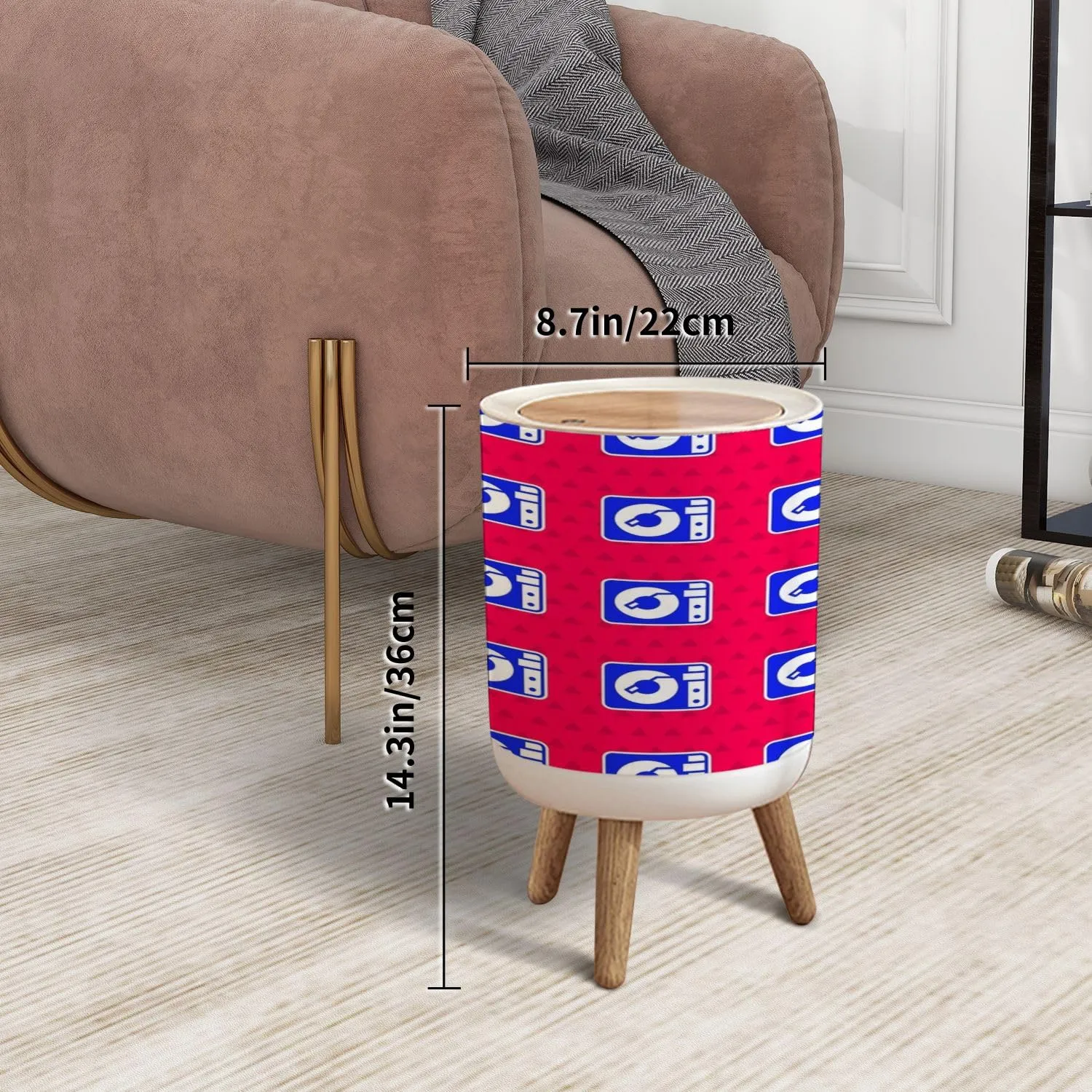 Trash Can with Lid Blue Vinyl Player Vinyl Disk Seamless Pattern red Press Top Round Small Garbage Bin with Wooden Legs Waste Basket for Kitchen Bedroom Nursery 7L/1.8 Gallon