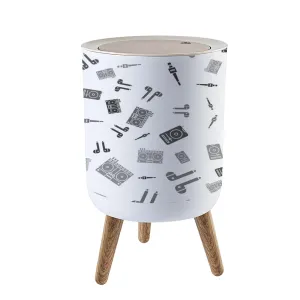 Trash Can with Lid Set Microphone Air headphones Music player DJ remote for playing Press Top Round Small Garbage Bin with Wooden Legs Waste Basket for Kitchen Bedroom Nursery 7L/1.8 Gallon