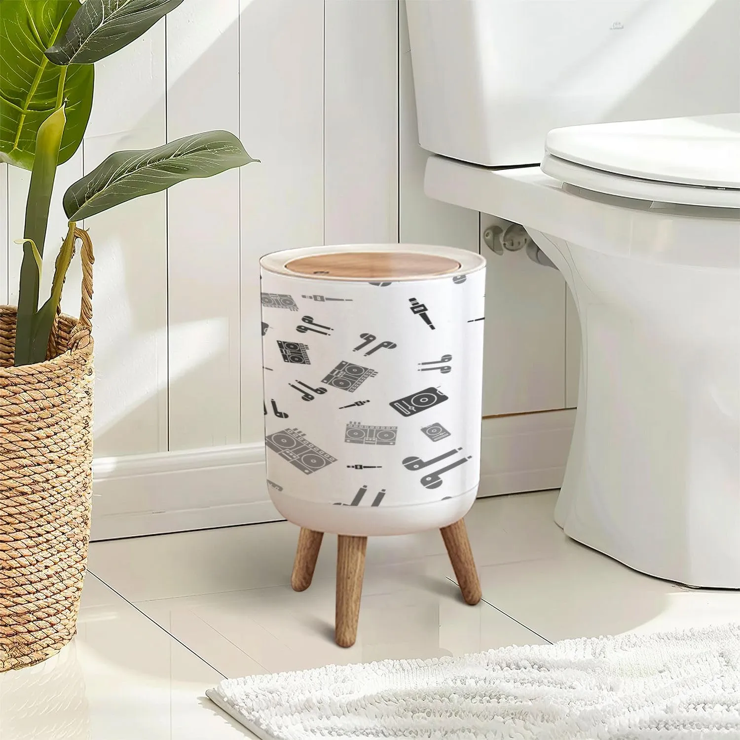 Trash Can with Lid Set Microphone Air headphones Music player DJ remote for playing Press Top Round Small Garbage Bin with Wooden Legs Waste Basket for Kitchen Bedroom Nursery 7L/1.8 Gallon