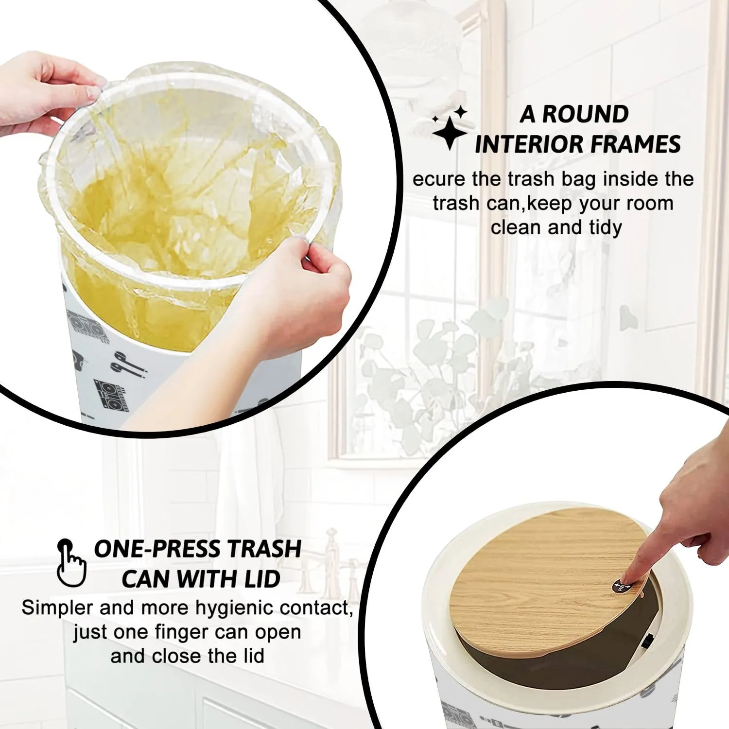 Trash Can with Lid Set Microphone Air headphones Music player DJ remote for playing Press Top Round Small Garbage Bin with Wooden Legs Waste Basket for Kitchen Bedroom Nursery 7L/1.8 Gallon