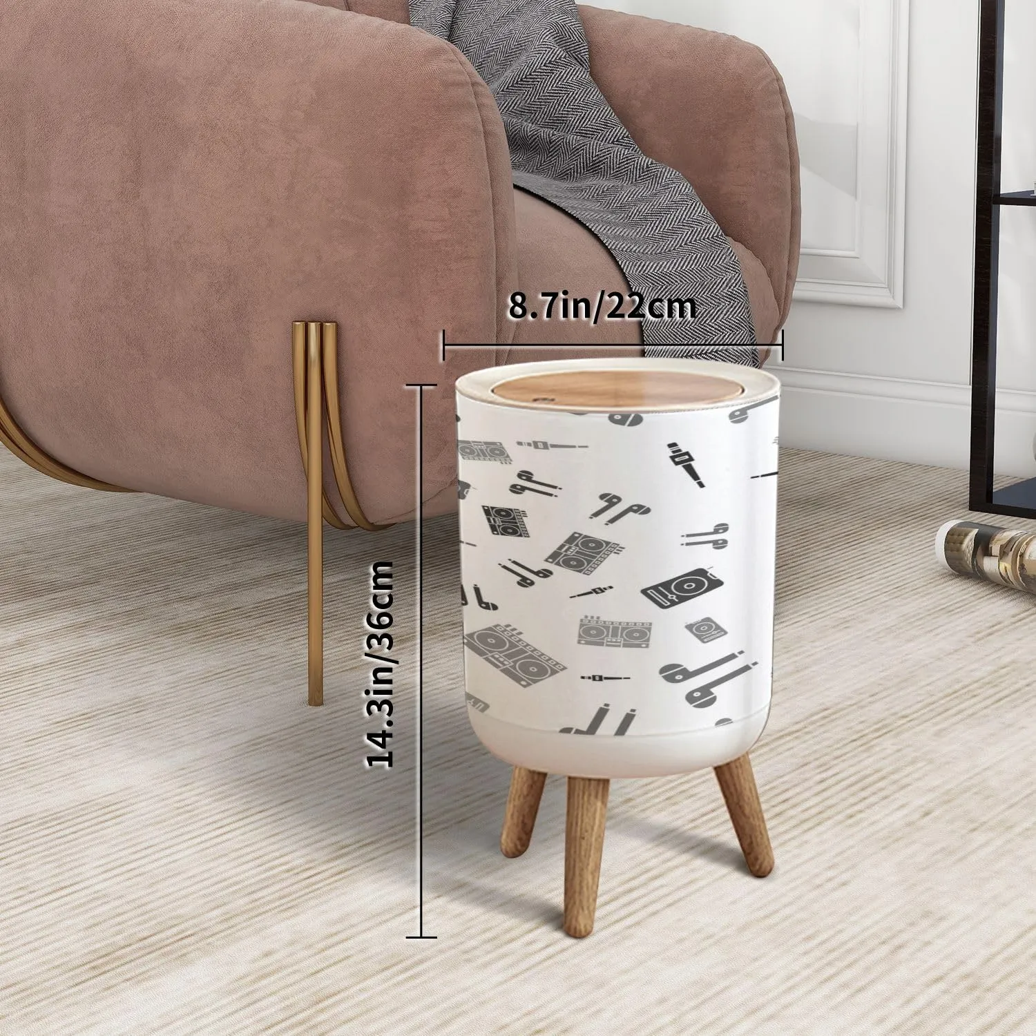 Trash Can with Lid Set Microphone Air headphones Music player DJ remote for playing Press Top Round Small Garbage Bin with Wooden Legs Waste Basket for Kitchen Bedroom Nursery 7L/1.8 Gallon