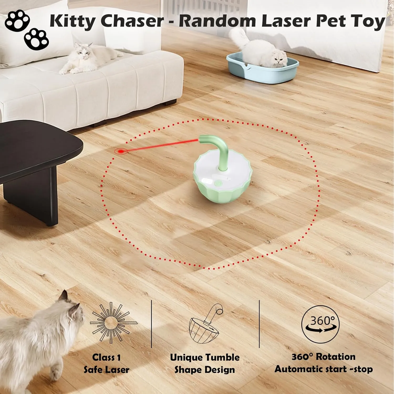 Tumbler Cat Laser Toy Automatic, 360 Rotation Rechargeable Laser Pointer, Self Play 3 Modes Motion Activated Cat Laser Toy, Interactive Cat Toys for Bored Indoor Adult Cats/Dogs (Green)