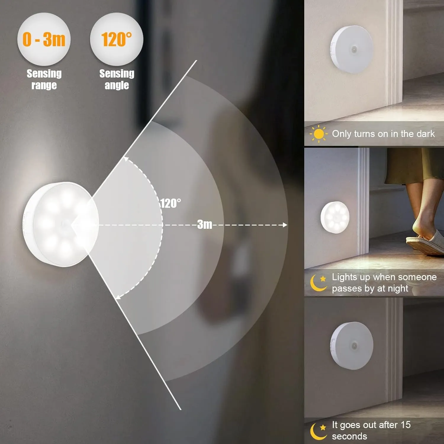 Upgraded Motion Sensor Light, 8 LEDs, 3 Pack Rechargeable, 120 Detection, 3 Modes - Closet, Bedroom, Stair, Hallway Light - 6000K Cold White