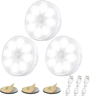 Upgraded Motion Sensor Light, 8 LEDs, 3 Pack Rechargeable, 120 Detection, 3 Modes - Closet, Bedroom, Stair, Hallway Light - 6000K Cold White