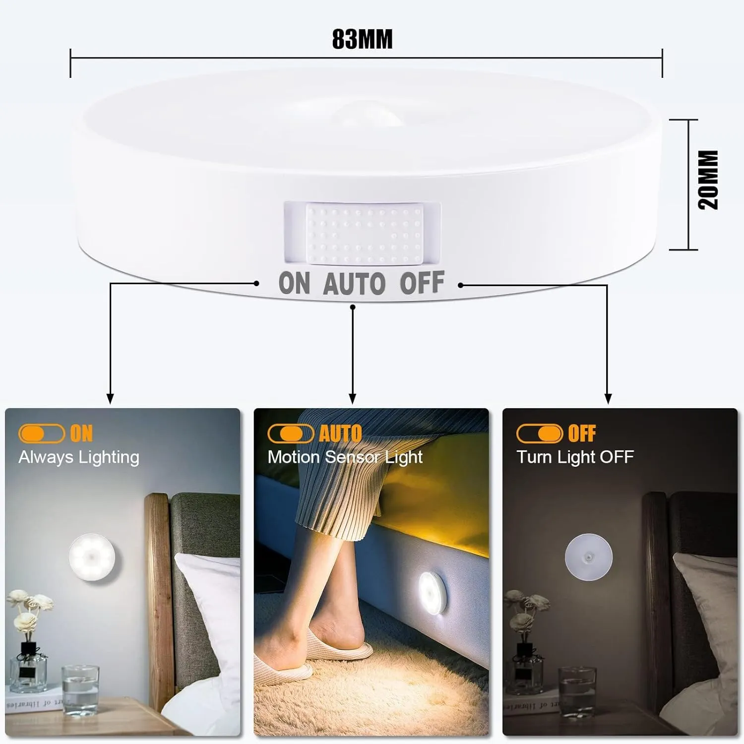 Upgraded Motion Sensor Light, 8 LEDs, 3 Pack Rechargeable, 120 Detection, 3 Modes - Closet, Bedroom, Stair, Hallway Light - 6000K Cold White
