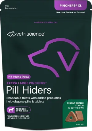 VetriScience Extra Large Pinchers Pill Hiders Chews, Non-Greasy Pill Wrap with Probiotics for Dogs, Disguise Pills, Capsules and Tablets, Soft and Chewy, Gut and Immune Health, Peanut Butter, 45 Count