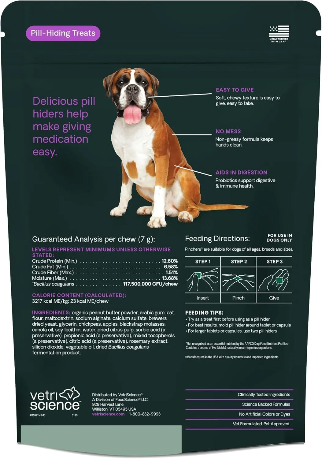 VetriScience Extra Large Pinchers Pill Hiders Chews, Non-Greasy Pill Wrap with Probiotics for Dogs, Disguise Pills, Capsules and Tablets, Soft and Chewy, Gut and Immune Health, Peanut Butter, 45 Count