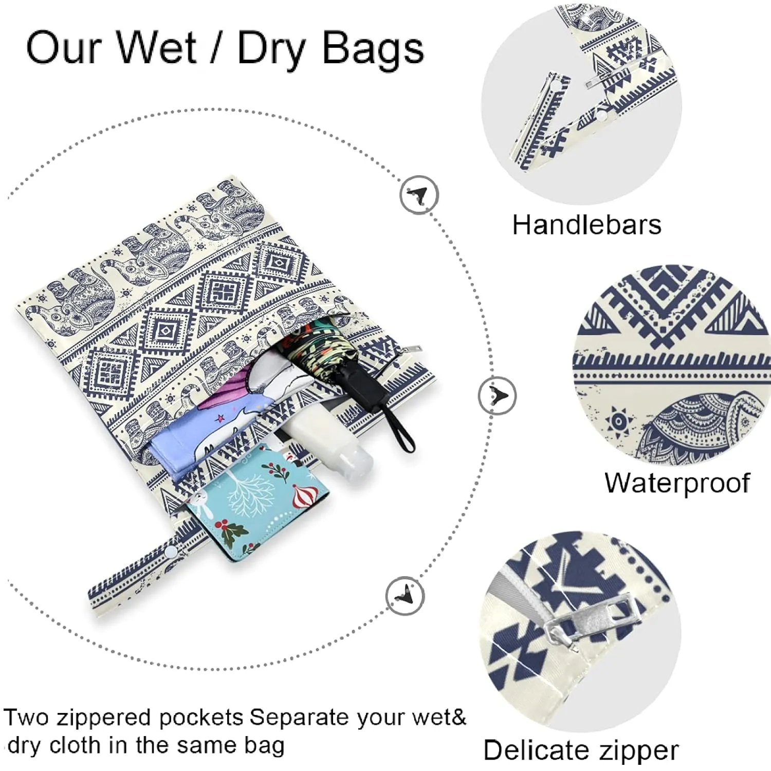 visesunny Elephant Exotic 2Pcs Wet Bag with Zippered Pockets Washable Reusable Roomy Diaper Bag for Travel,Beach,Pool,Daycare,Stroller,Diapers,Dirty Gym Clothes, Wet Swimsuits, Toiletries