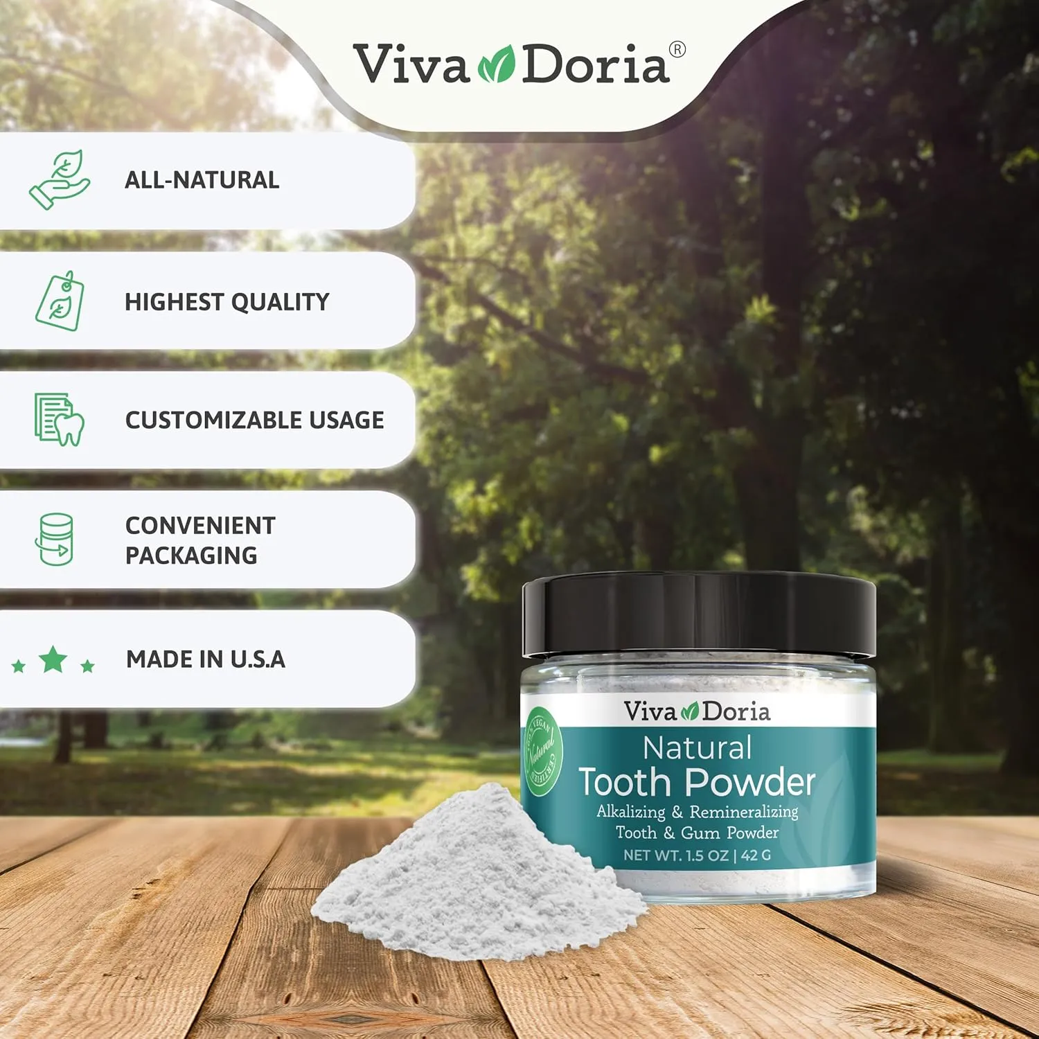 Viva Doria Natural Tooth Powder | Remineralizing Tooth Powder | Natural Teeth Whitening Powder | Toothpaste Power | Breath Freshener | Refreshing Mint Flavor | 1.5 Oz Glass Jar