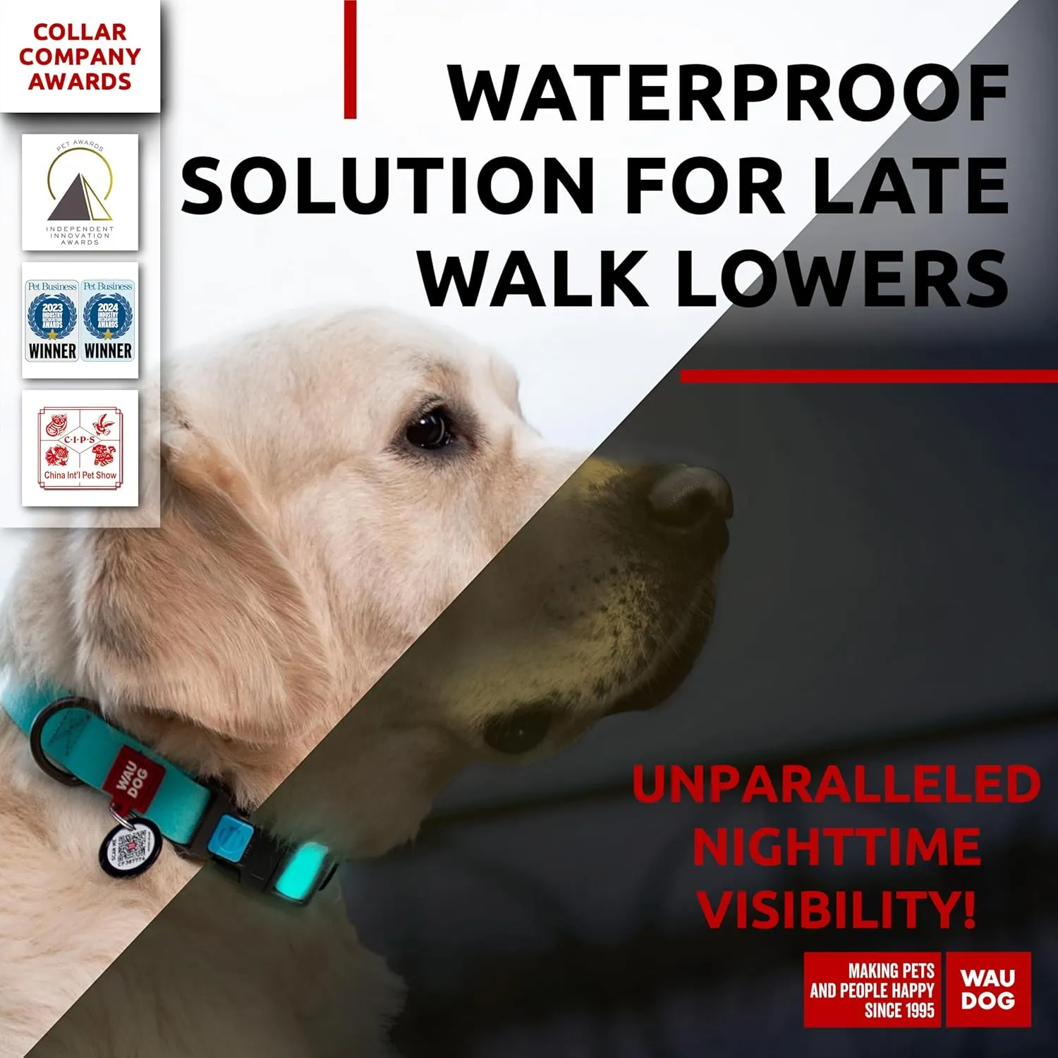 WAUDOG Waterproof Dog Collar - Adjustable Dog Collar for Large Dogs, Small and Medium Dogs - Heavy Duty Dog Collars with Durable Metal Clasp and QR Dog Tag - Boy & Girl Dog Collars