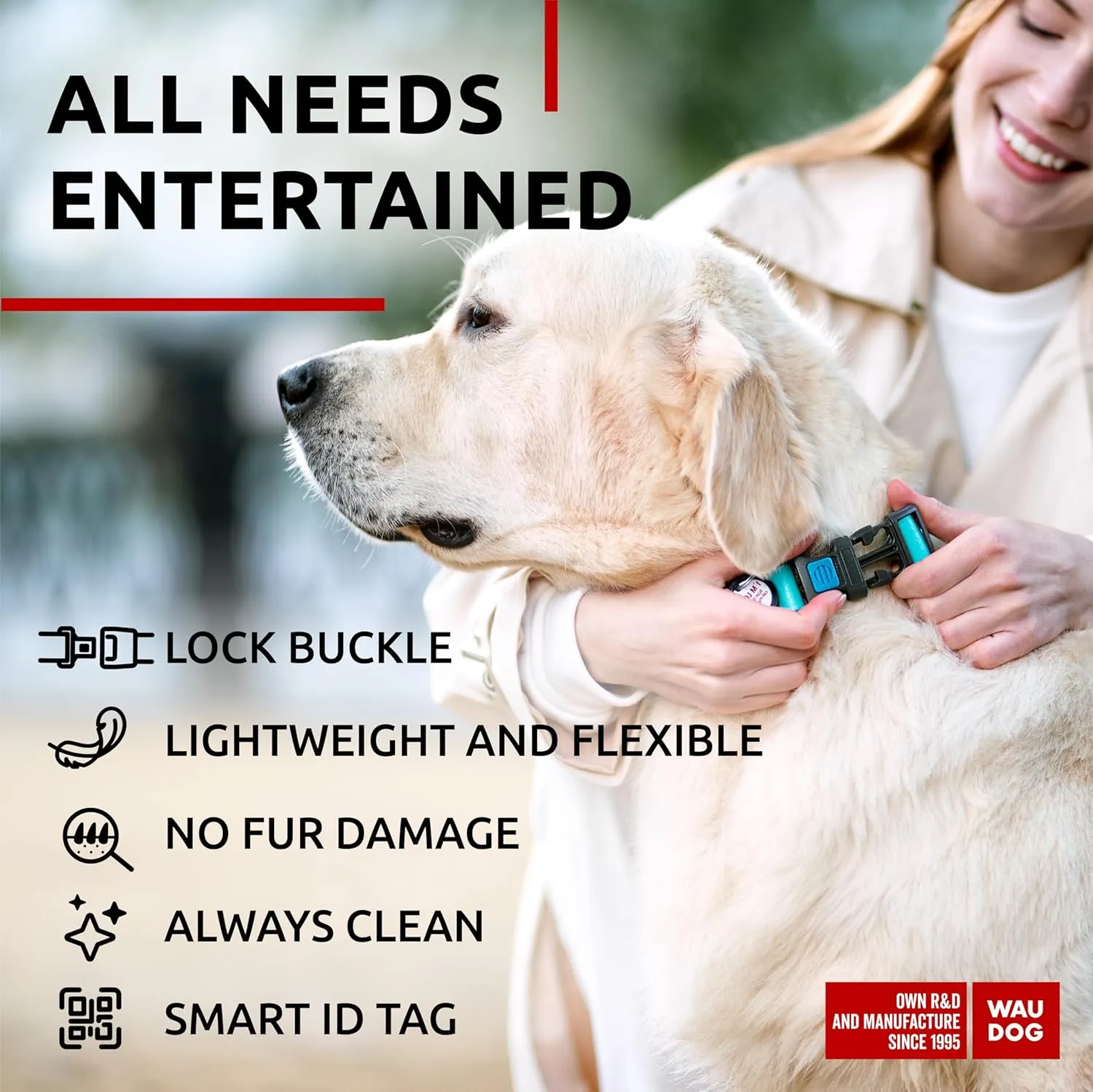 WAUDOG Waterproof Dog Collar - Adjustable Dog Collar for Large Dogs, Small and Medium Dogs - Heavy Duty Dog Collars with Durable Metal Clasp and QR Dog Tag - Boy & Girl Dog Collars