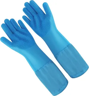 WAYUTO Long Sleeve Silicone Grooming Gloves - Cat & Dog Massaging, Hair Removal, Bathing, Shampoo Gloves for Kitchen, Bathroom and Pet Shop Use - Blue