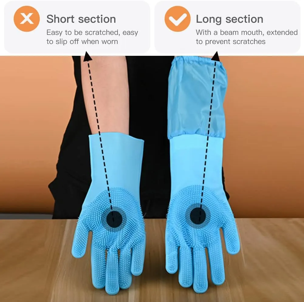 WAYUTO Long Sleeve Silicone Grooming Gloves - Cat & Dog Massaging, Hair Removal, Bathing, Shampoo Gloves for Kitchen, Bathroom and Pet Shop Use - Blue