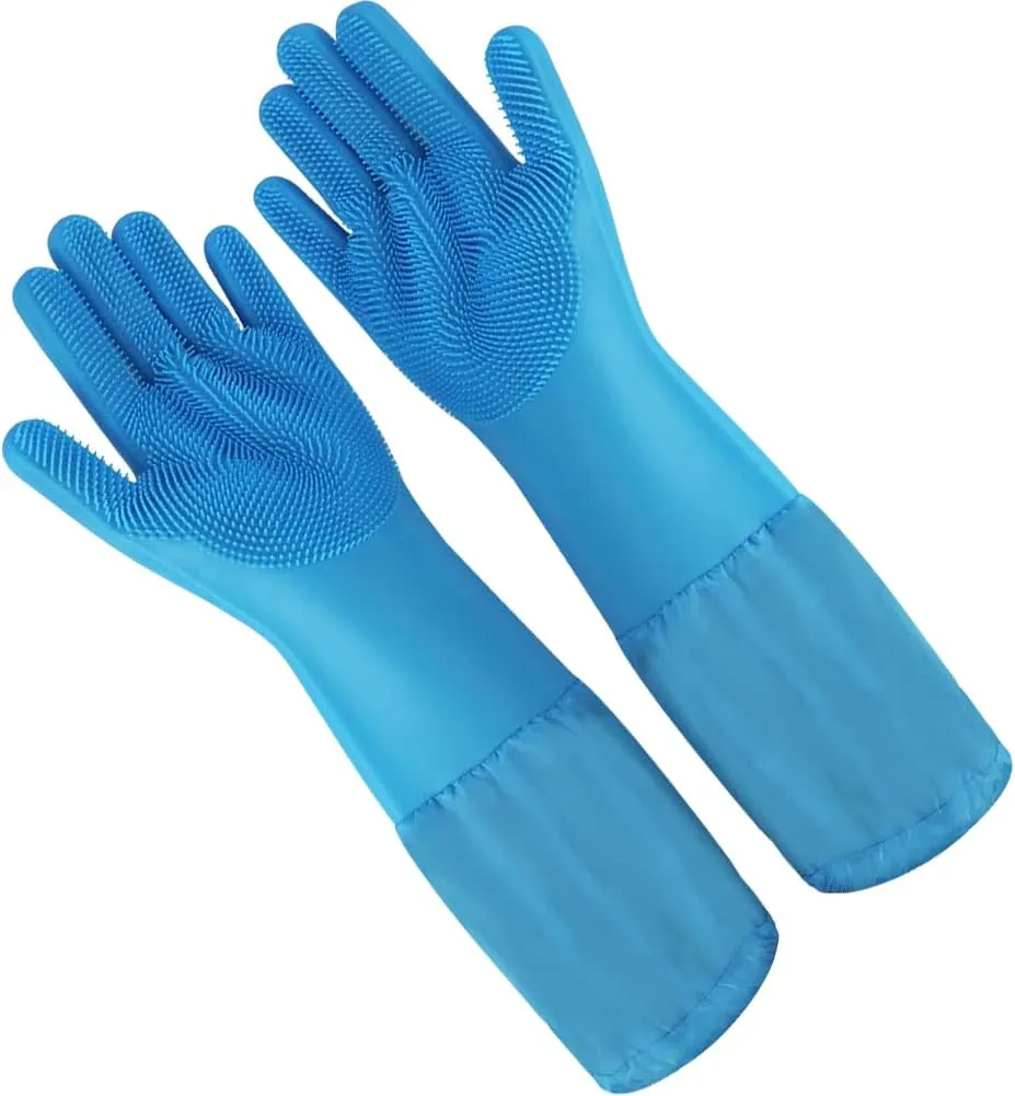 WAYUTO Long Sleeve Silicone Grooming Gloves - Cat & Dog Massaging, Hair Removal, Bathing, Shampoo Gloves for Kitchen, Bathroom and Pet Shop Use - Blue