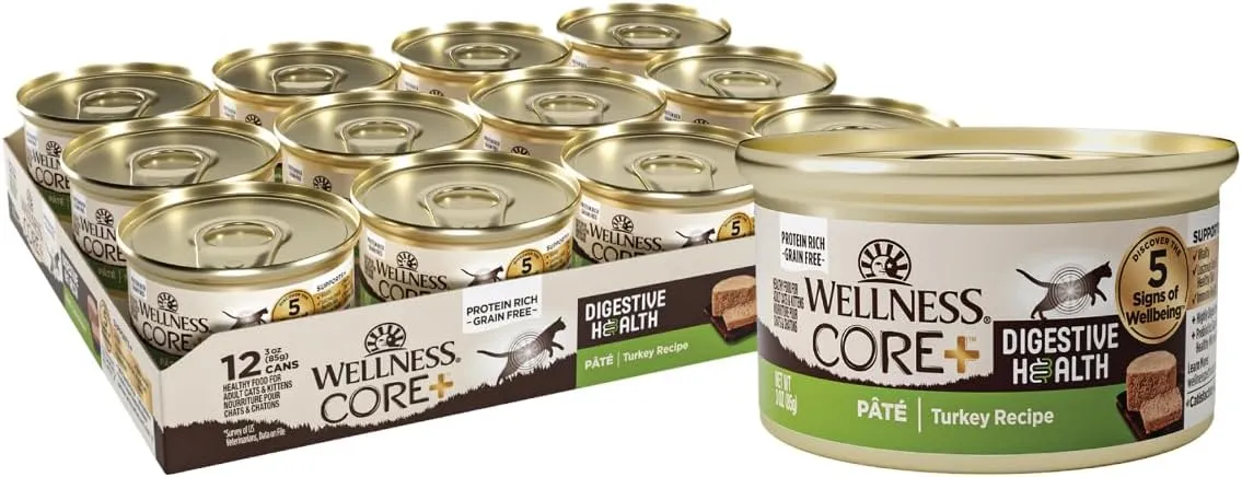 Wellness CORE  Digestive Health Pate Adult Wet Cat Food, Natural, Protein-Rich, Grain Free, 3 Ounce, 12 Pack (Turkey)