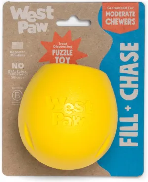 WEST PAW Zogoflex Rumbl Treat-Dispensing Dog Toy  Interactive Slow-Feeder Chew  Enrichment Toy Moderate Chewers, Fetch, Catch  Holds Kibble, (Dandelion Yellow, Small)