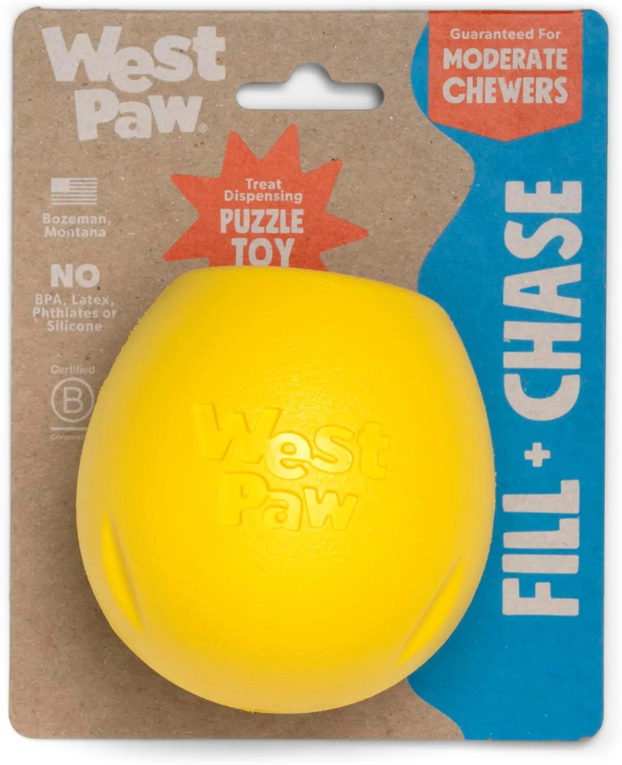 WEST PAW Zogoflex Rumbl Treat-Dispensing Dog Toy  Interactive Slow-Feeder Chew  Enrichment Toy Moderate Chewers, Fetch, Catch  Holds Kibble, (Dandelion Yellow, Small)