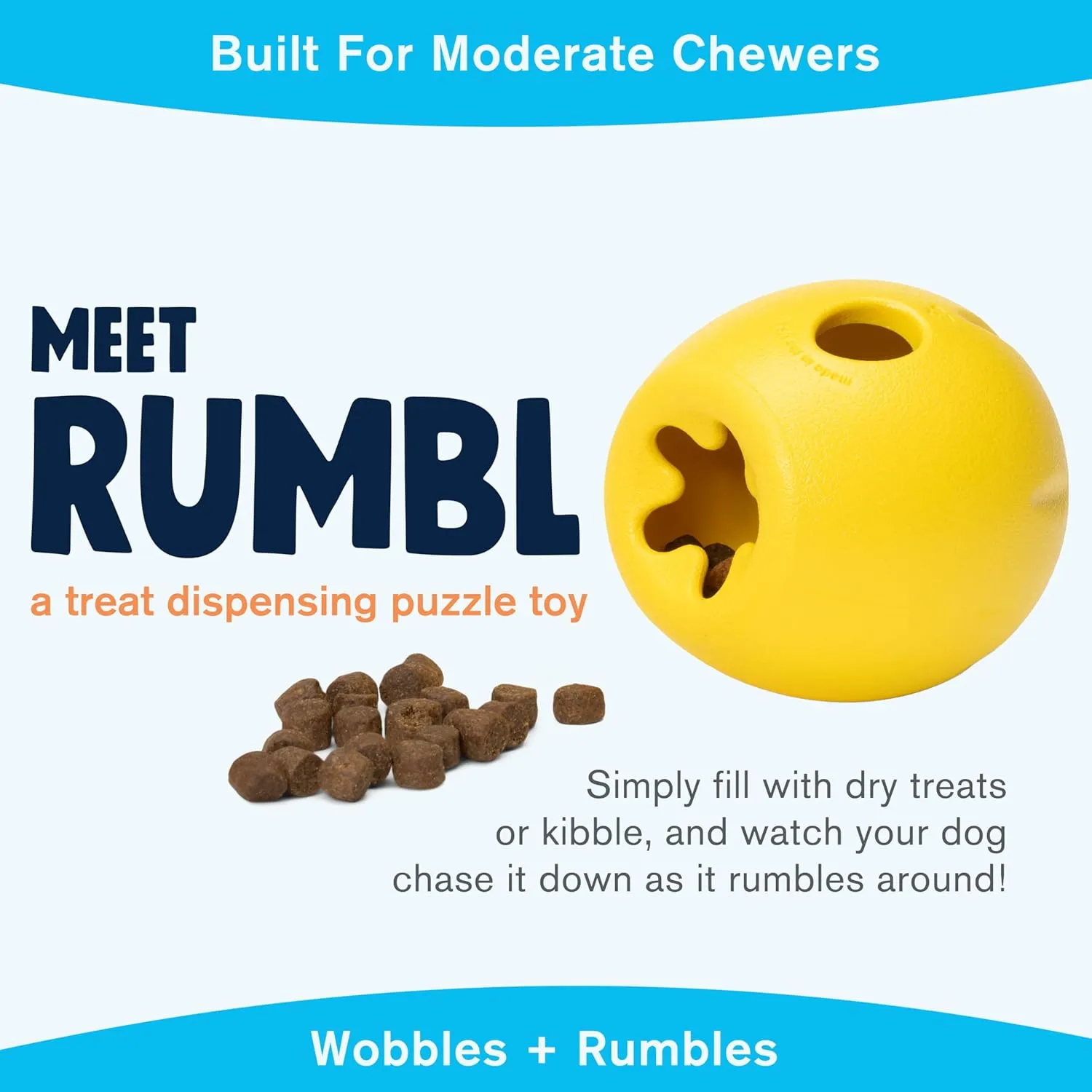 WEST PAW Zogoflex Rumbl Treat-Dispensing Dog Toy  Interactive Slow-Feeder Chew  Enrichment Toy Moderate Chewers, Fetch, Catch  Holds Kibble, (Dandelion Yellow, Small)