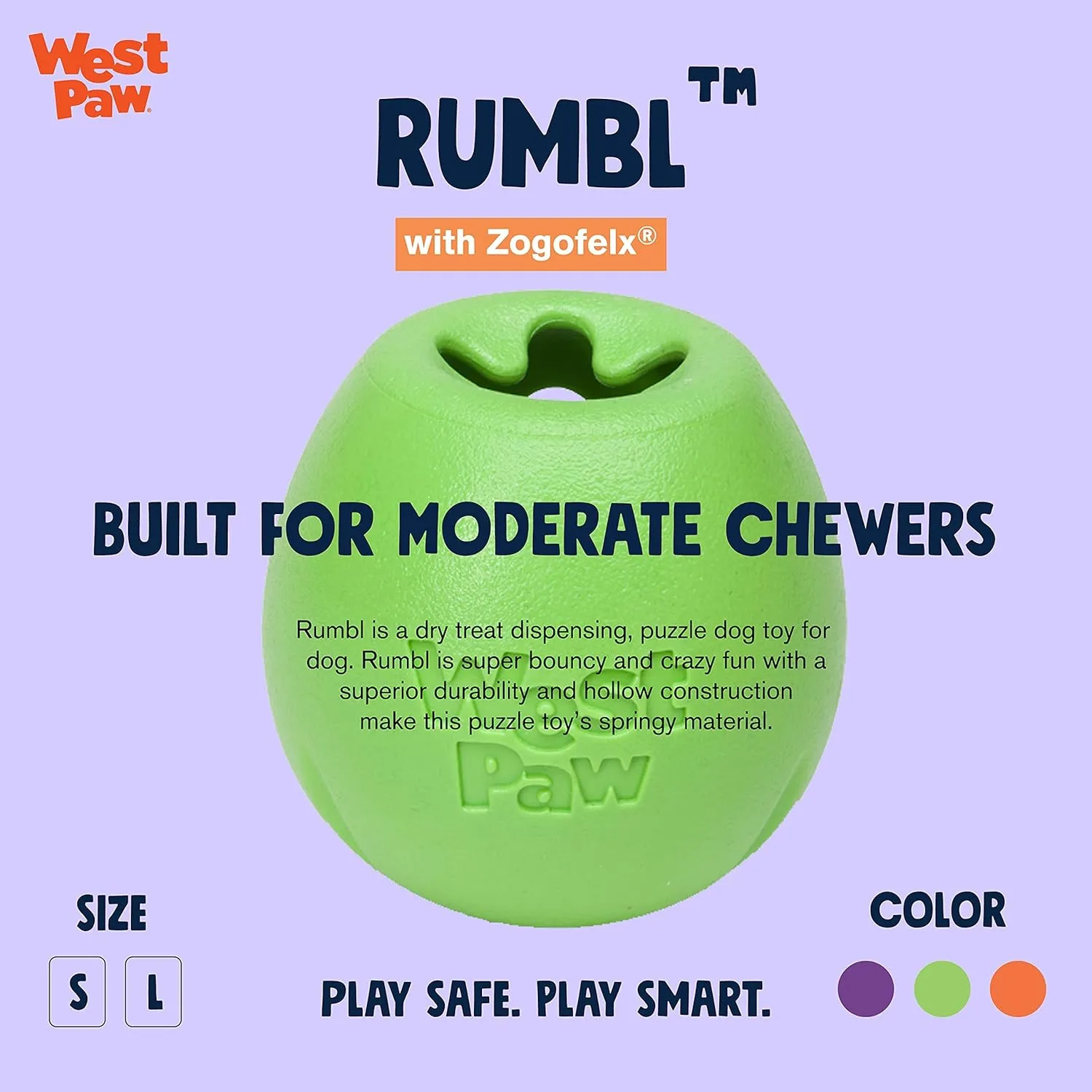 WEST PAW Zogoflex Rumbl Treat-Dispensing Dog Toy  Interactive Slow-Feeder Chew Toy for Dogs  Dog Enrichment Toy  for Moderate Chewers, Fetch, Catch  Holds Kibble, Treats (Jungle Green, Small)