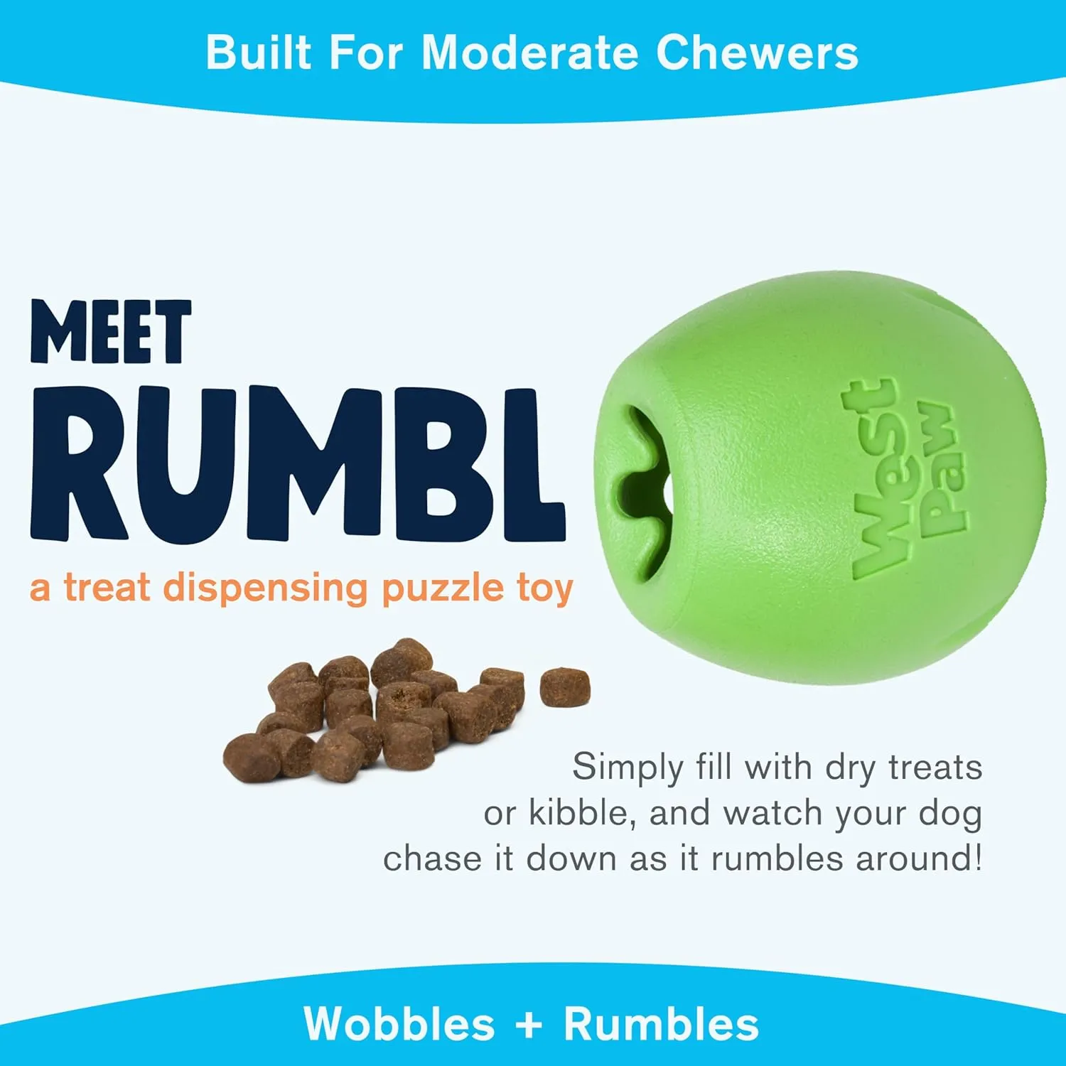WEST PAW Zogoflex Rumbl Treat-Dispensing Dog Toy  Interactive Slow-Feeder Chew Toy for Dogs  Dog Enrichment Toy  for Moderate Chewers, Fetch, Catch  Holds Kibble, Treats (Jungle Green, Small)