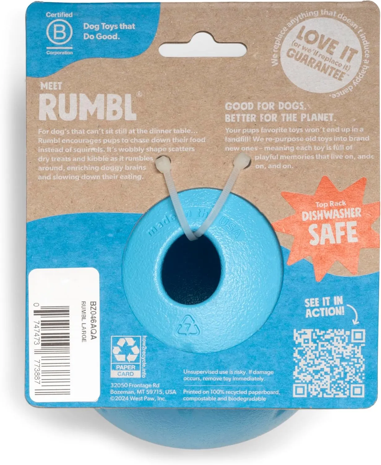 WEST PAW Zogoflex Rumbl Treat-Dispensing Dog Toy  Interactive Slow-Feeder Chew Toys for Dogs  Dog Enrichment Toy  Dog Toy for Moderate Chewers, Fetch, Catch  Holds Kibble Treats (Aqua Blue, Small)