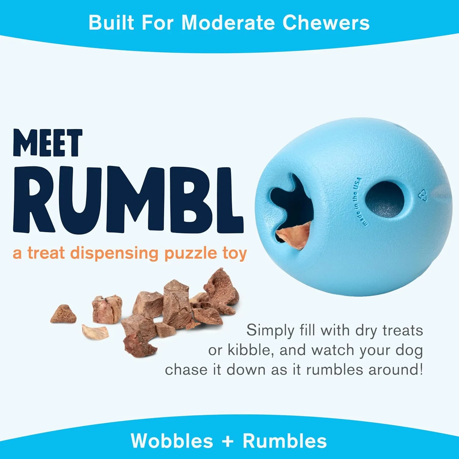 WEST PAW Zogoflex Rumbl Treat-Dispensing Dog Toy  Interactive Slow-Feeder Chew Toys for Dogs  Dog Enrichment Toy  Dog Toy for Moderate Chewers, Fetch, Catch  Holds Kibble Treats (Aqua Blue, Small)