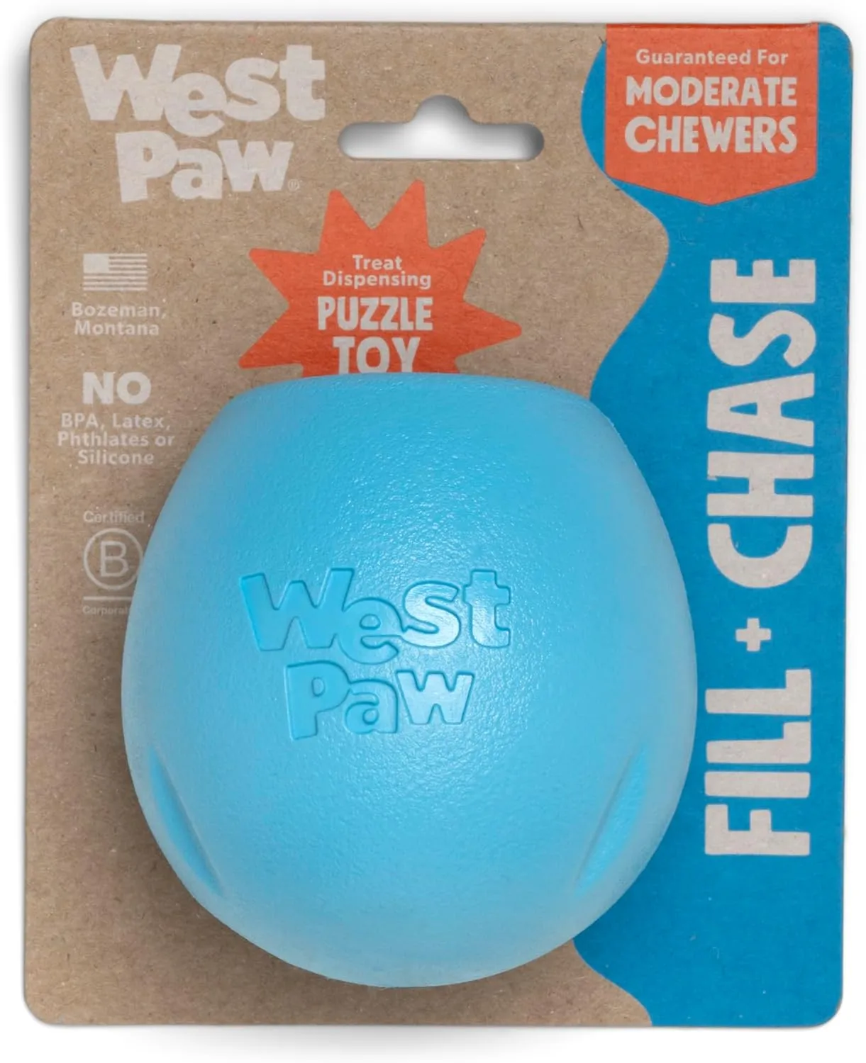 WEST PAW Zogoflex Rumbl Treat-Dispensing Dog Toy  Interactive Slow-Feeder Chew Toys for Dogs  Dog Enrichment Toy  Dog Toy for Moderate Chewers, Fetch, Catch  Holds Kibble Treats (Aqua Blue, Small)