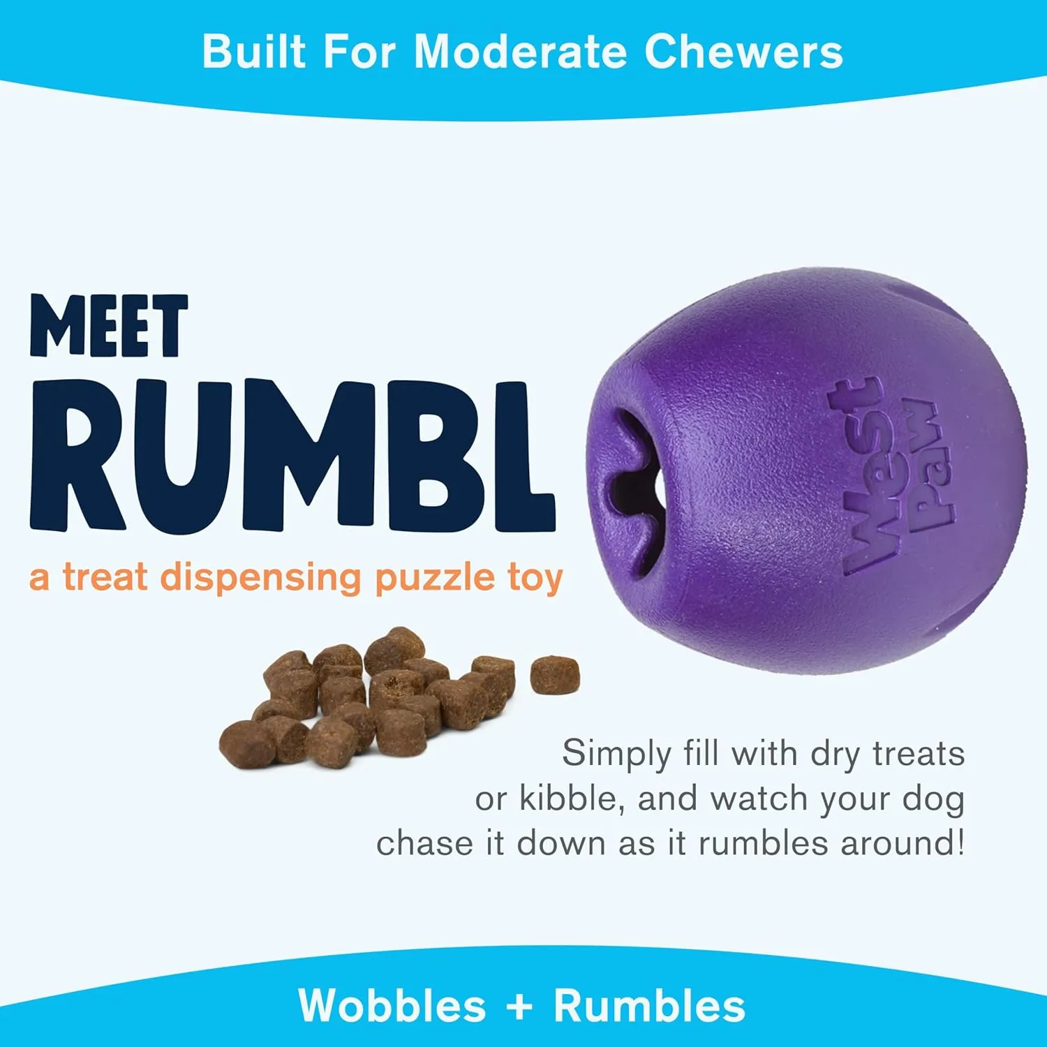 West Paw Zogoflex Rumbl Treat-Dispensing Dog Toy  Interactive Slow-Feeder Chew Toys for Dogs  Dog Enrichment Toy  Dog Toy for Moderate Chewers, Fetch, Catch  Holds Kibble, Treats (Eggplant, Small)