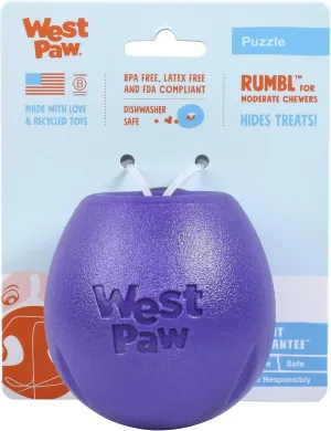 West Paw Zogoflex Rumbl Treat-Dispensing Dog Toy  Interactive Slow-Feeder Chew Toys for Dogs  Dog Enrichment Toy  Dog Toy for Moderate Chewers, Fetch, Catch  Holds Kibble, Treats (Eggplant, Small)