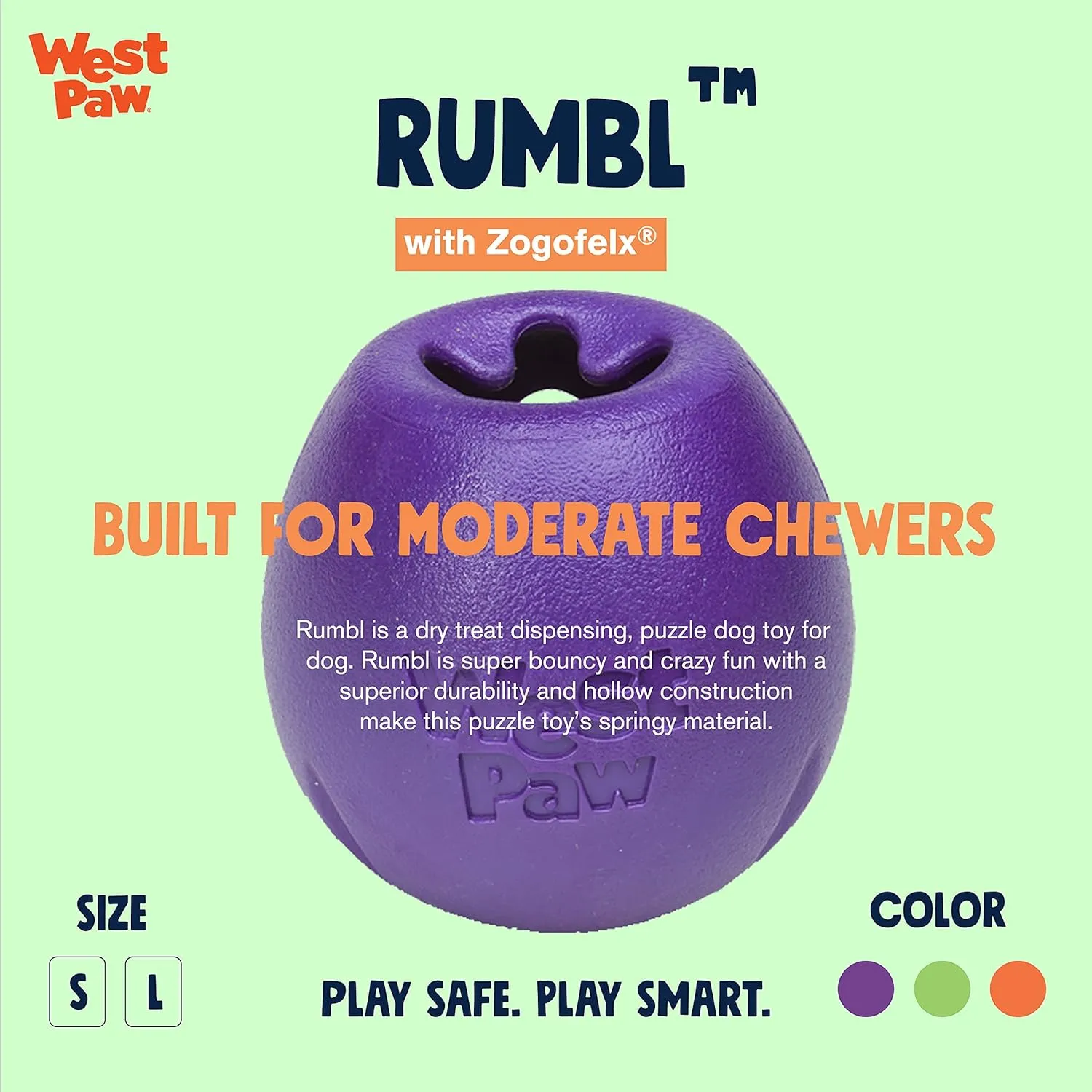 West Paw Zogoflex Rumbl Treat-Dispensing Dog Toy  Interactive Slow-Feeder Chew Toys for Dogs  Dog Enrichment Toy  Dog Toy for Moderate Chewers, Fetch, Catch  Holds Kibble, Treats (Eggplant, Small)