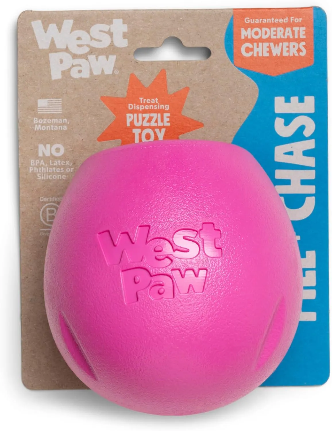 WEST PAW Zogoflex Rumbl Treat-Dispensing Dog Toy  Interactive Slow-Feeder Chew Toys for Dogs  Dog Enrichment Toy  Dog Toy for Moderate Chewers, Fetch, Catch  Holds Kibble, Treats (Hot Pink, Small)