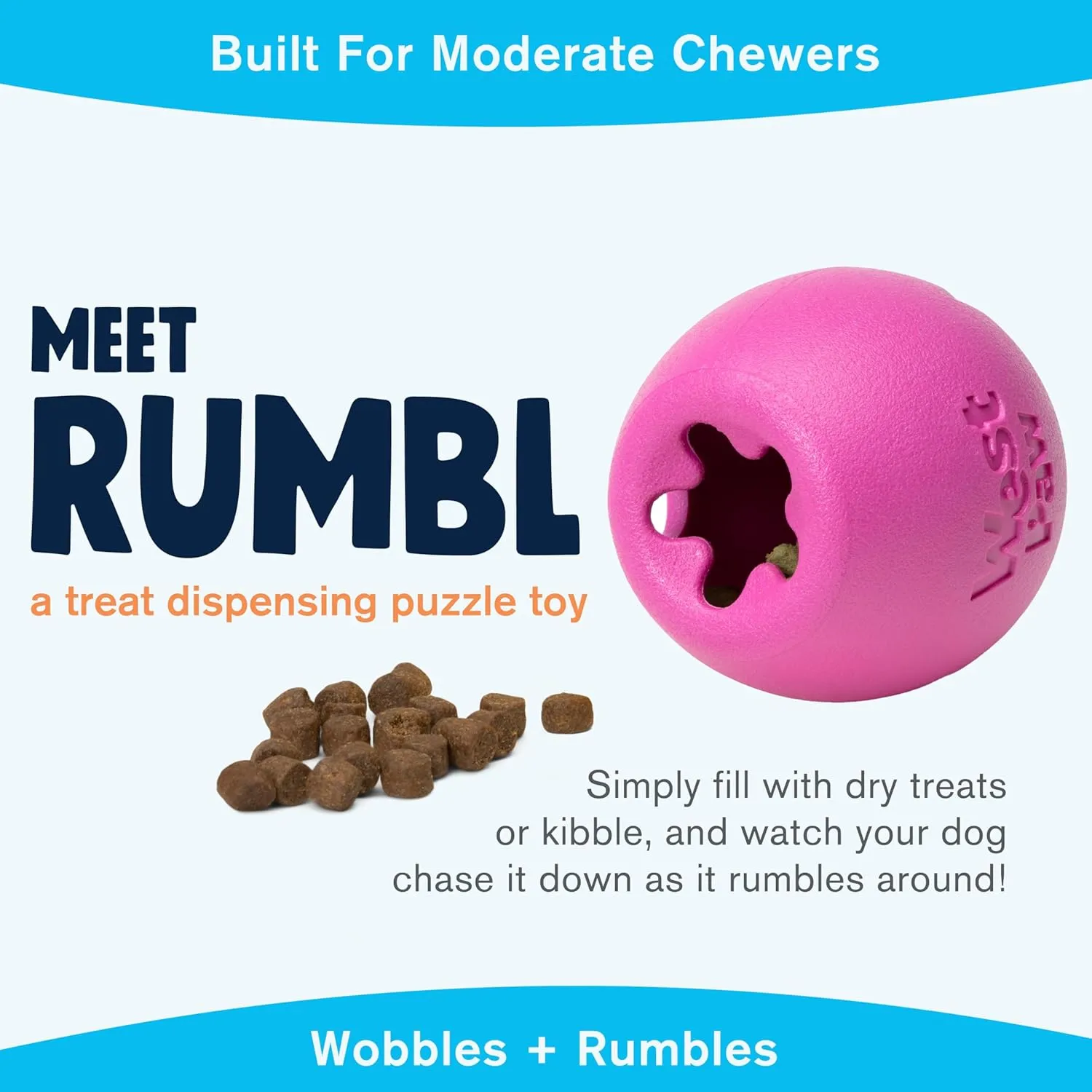 WEST PAW Zogoflex Rumbl Treat-Dispensing Dog Toy  Interactive Slow-Feeder Chew Toys for Dogs  Dog Enrichment Toy  Dog Toy for Moderate Chewers, Fetch, Catch  Holds Kibble, Treats (Hot Pink, Small)