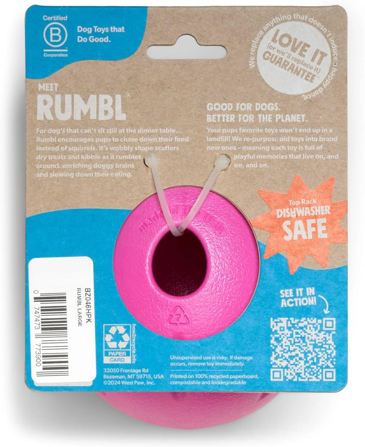 WEST PAW Zogoflex Rumbl Treat-Dispensing Dog Toy  Interactive Slow-Feeder Chew Toys for Dogs  Dog Enrichment Toy  Dog Toy for Moderate Chewers, Fetch, Catch  Holds Kibble, Treats (Hot Pink, Small)
