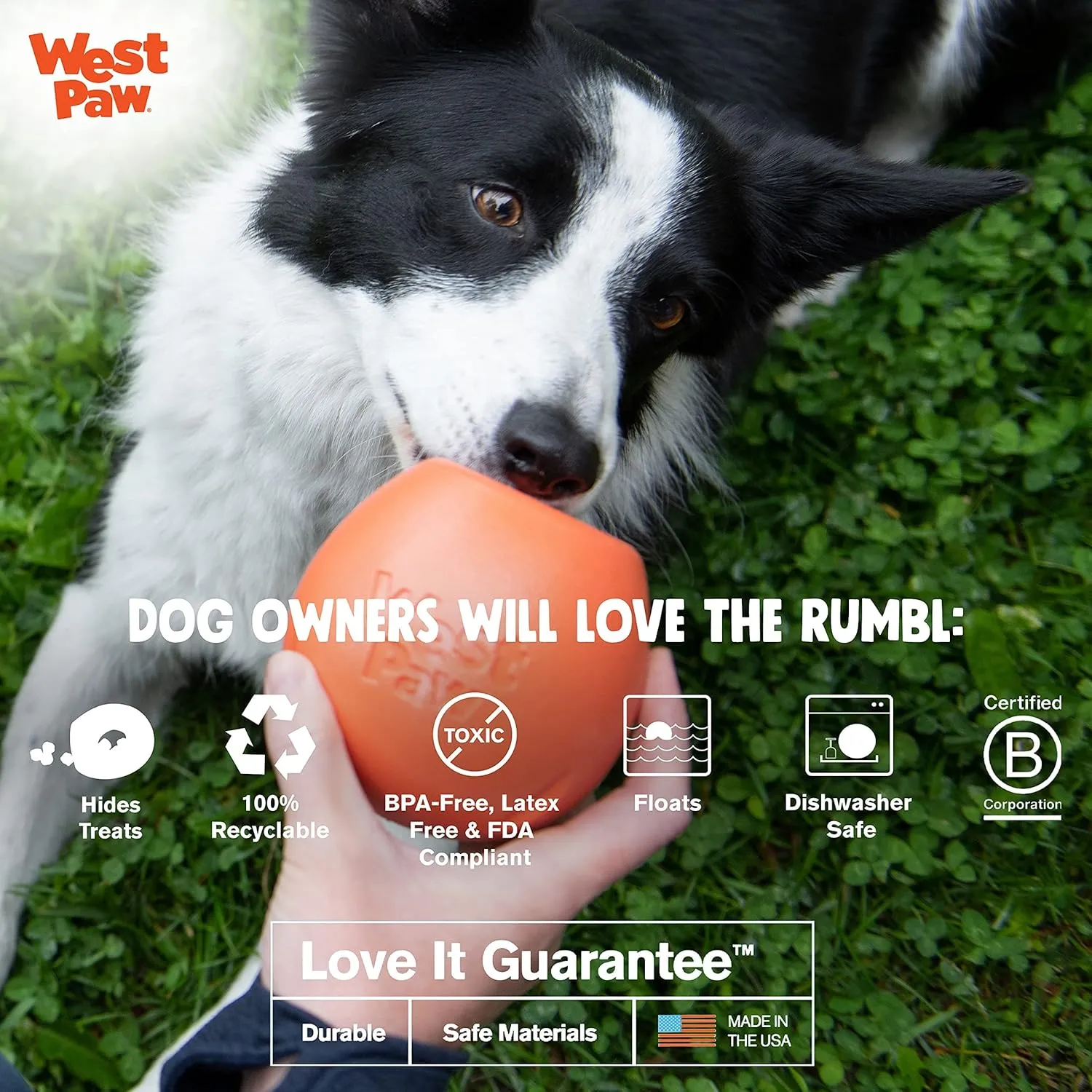 WEST PAW Zogoflex Rumbl Treat-Dispensing Dog Toy  Interactive Slow-Feeder Chew Toys for Dogs  Dog Enrichment Toy  Dog Toy for Moderate Chewers, Fetch, Catch  Holds Kibble, Treats (Melon, Small)