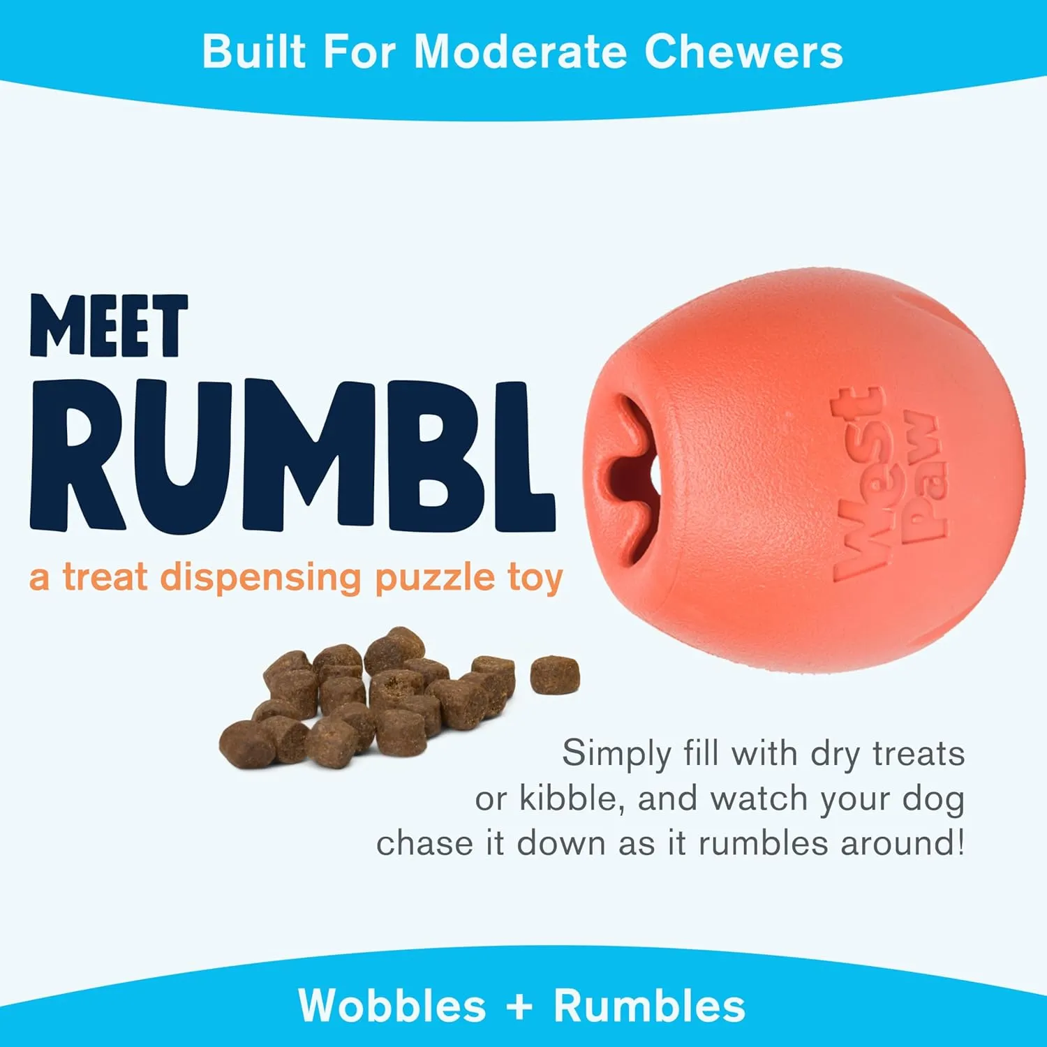 WEST PAW Zogoflex Rumbl Treat-Dispensing Dog Toy  Interactive Slow-Feeder Chew Toys for Dogs  Dog Enrichment Toy  Dog Toy for Moderate Chewers, Fetch, Catch  Holds Kibble, Treats (Melon, Small)