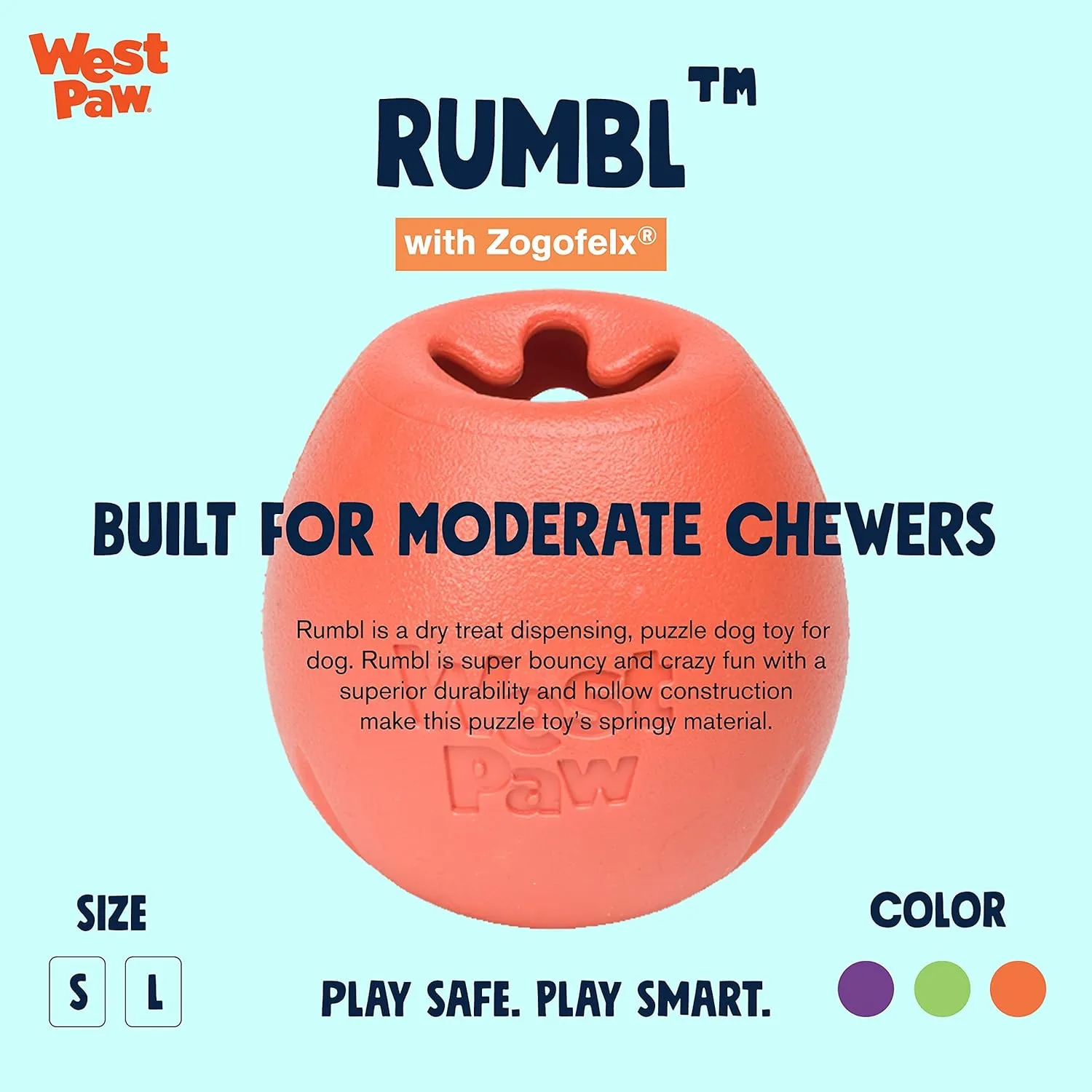 WEST PAW Zogoflex Rumbl Treat-Dispensing Dog Toy  Interactive Slow-Feeder Chew Toys for Dogs  Dog Enrichment Toy  Dog Toy for Moderate Chewers, Fetch, Catch  Holds Kibble, Treats (Melon, Small)