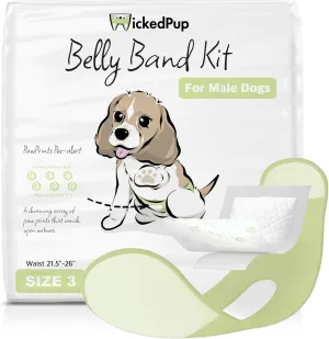 WICKEDPUP Male Dog Belly Band Kit, 50 Diaper Pads & 1 Reusable Male Wrap (Size 3 (21.5"-26" Waist))